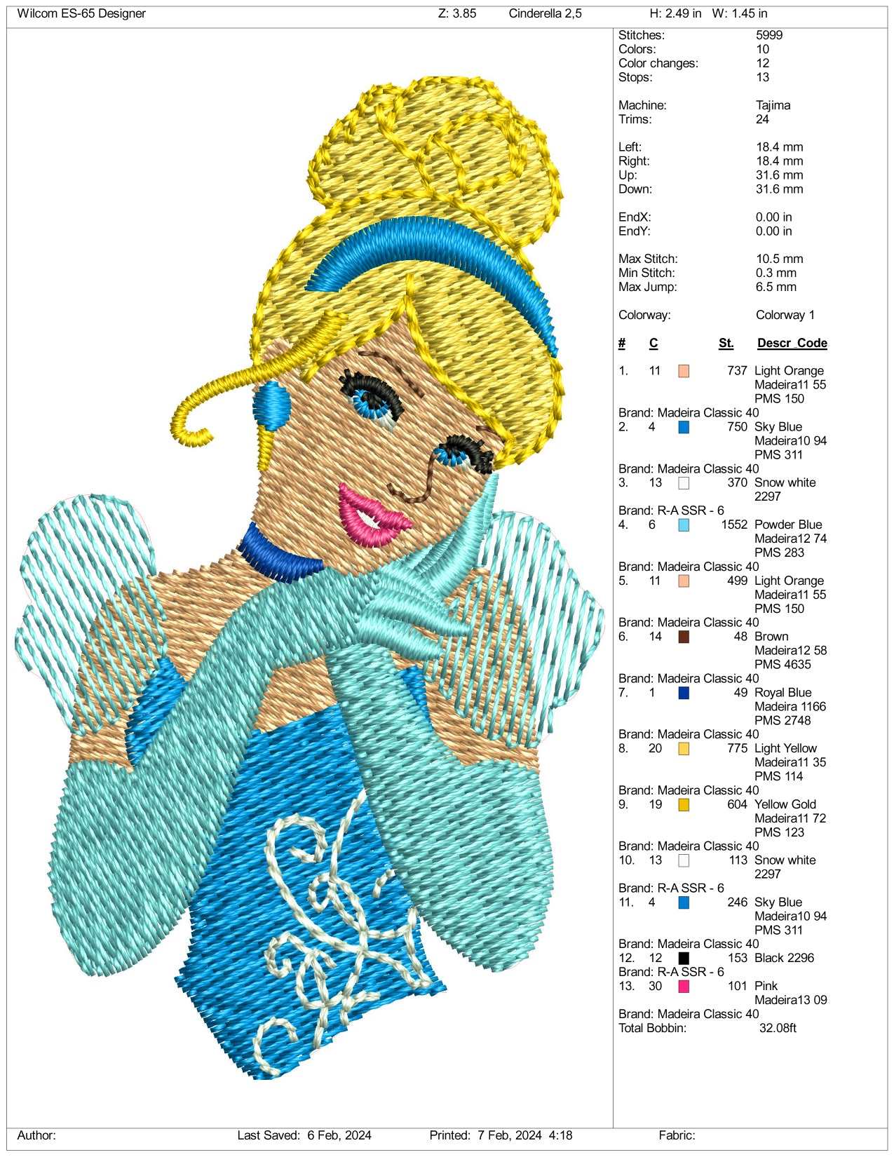 Cinderella Half Embroidery Design Files - 3 Size's