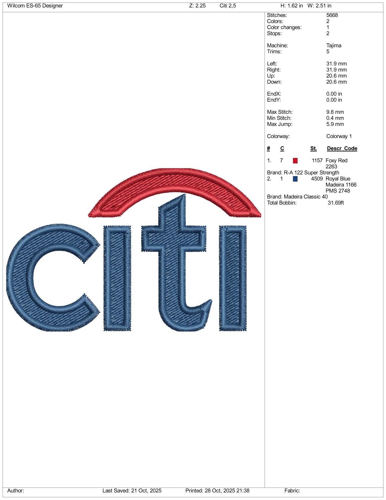 Citi Logo Embroidery Design Files - 3 Size's