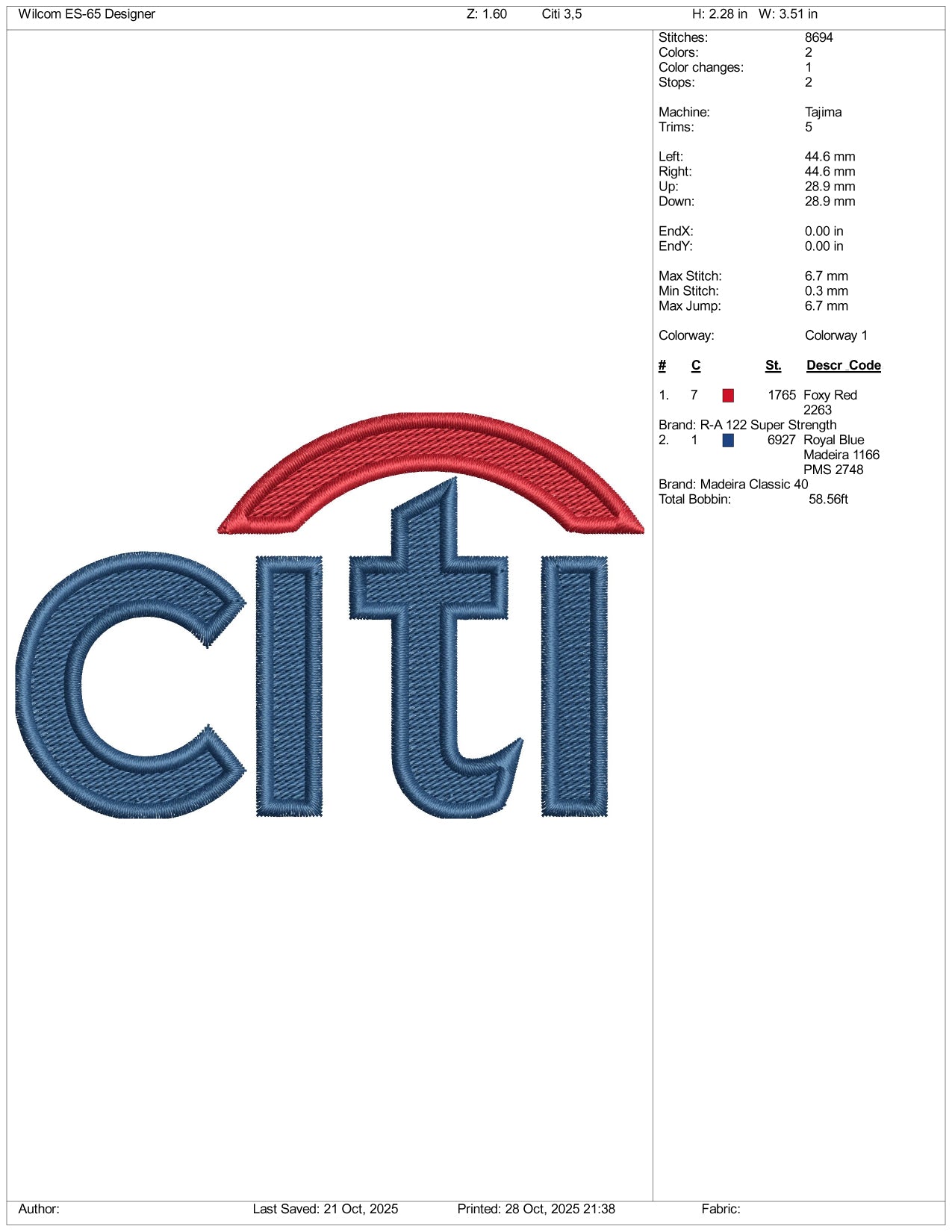 Citi Logo Embroidery Design Files - 3 Size's