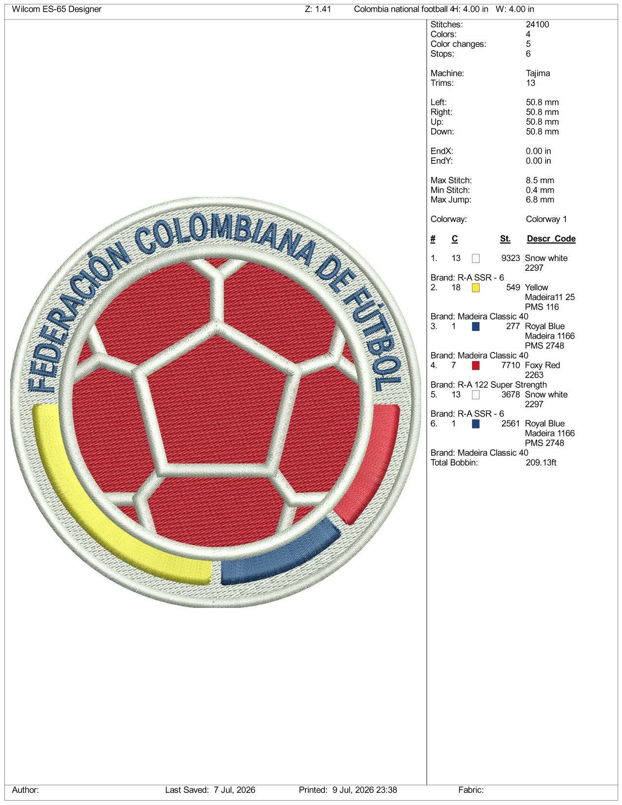 Colombian Football Federation Logo Embroidery Design Files - 3 Size's