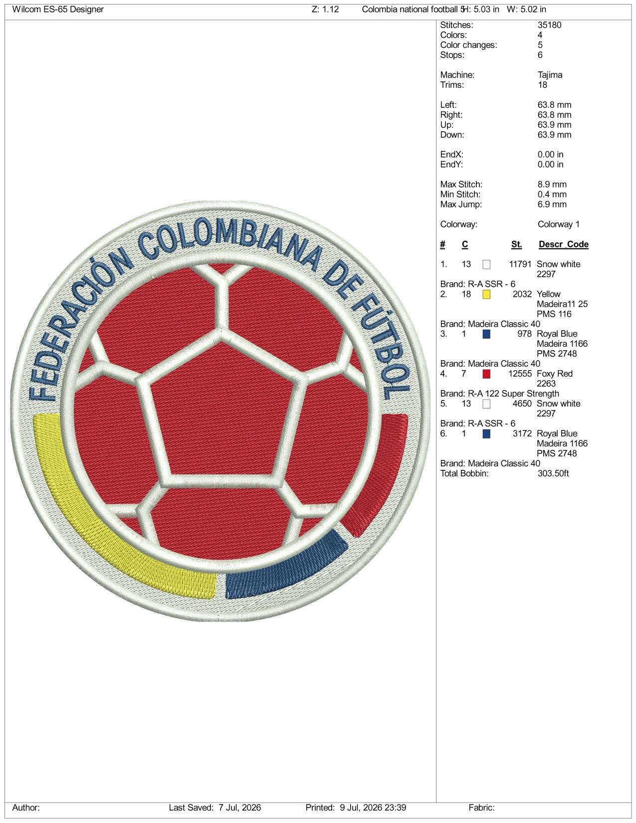 Colombian Football Federation Logo Embroidery Design Files - 3 Size's