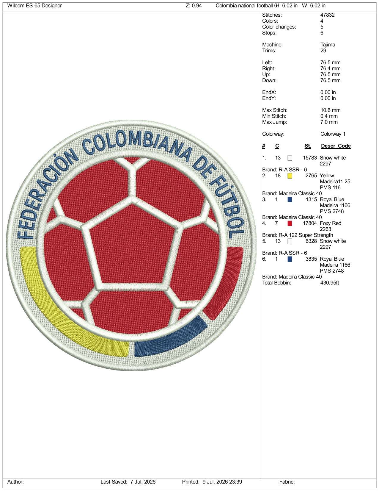 Colombian Football Federation Logo Embroidery Design Files - 3 Size's
