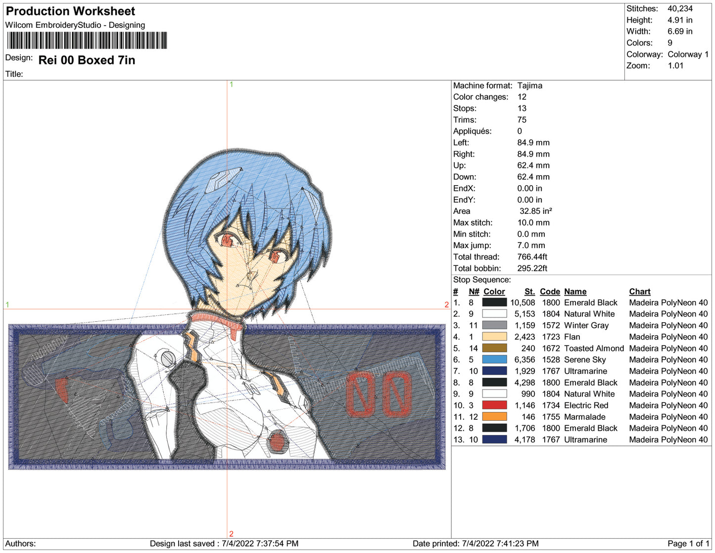 Rei Ayanami Embroidery Design Files - 3 Size's