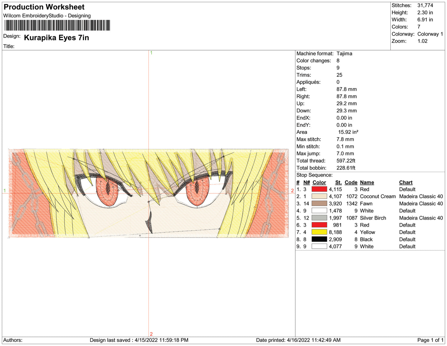 Kurapika Eyes Embroidery Design Files - 3 Size's