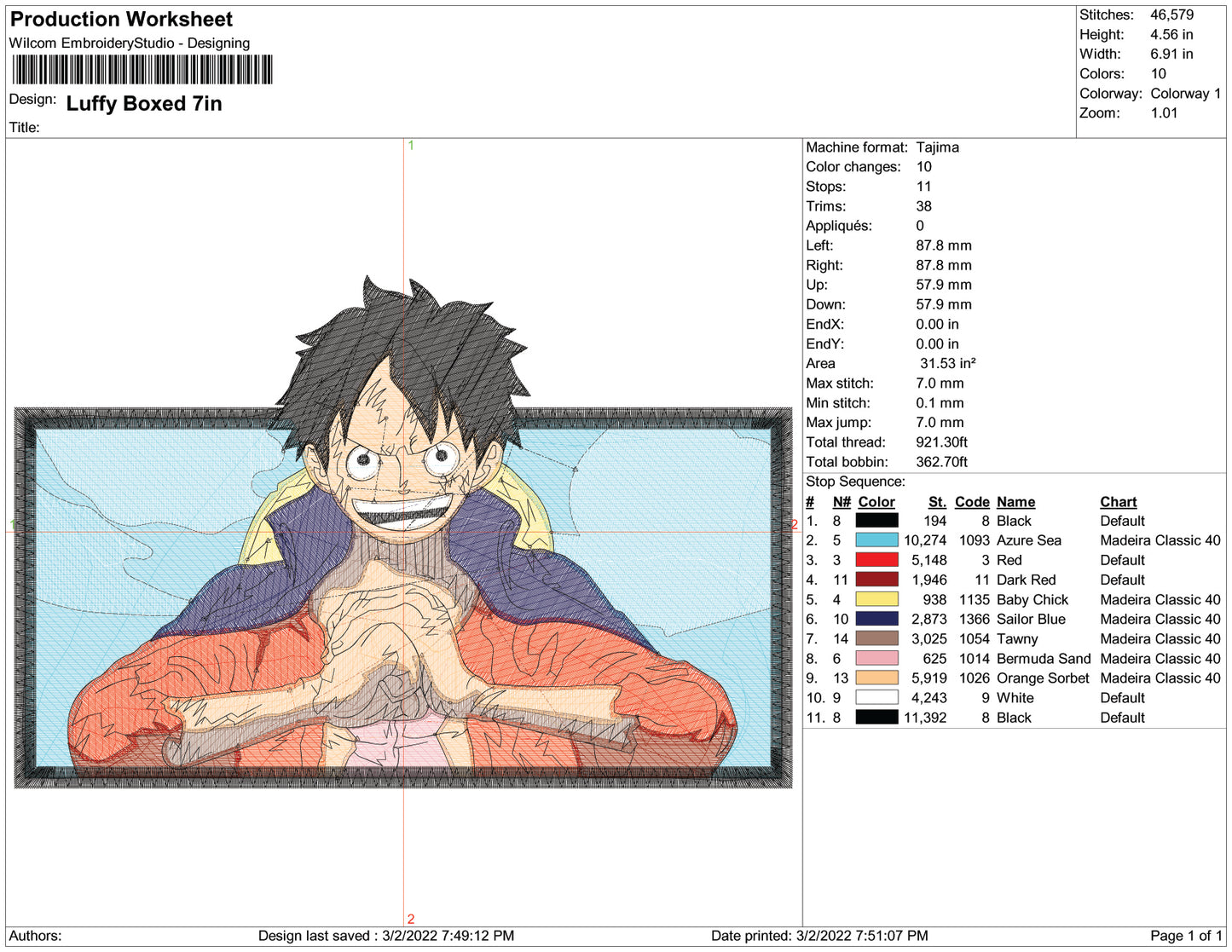 Monkey D Luffy v12 Embroidery Design Files - 3 Size's