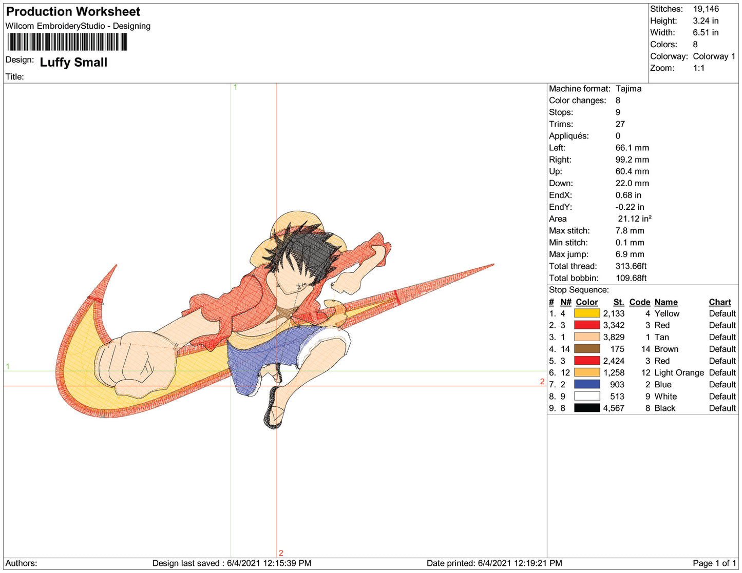 Monkey D Luffy Swoosh v8 Embroidery Design Files - 3 Size's