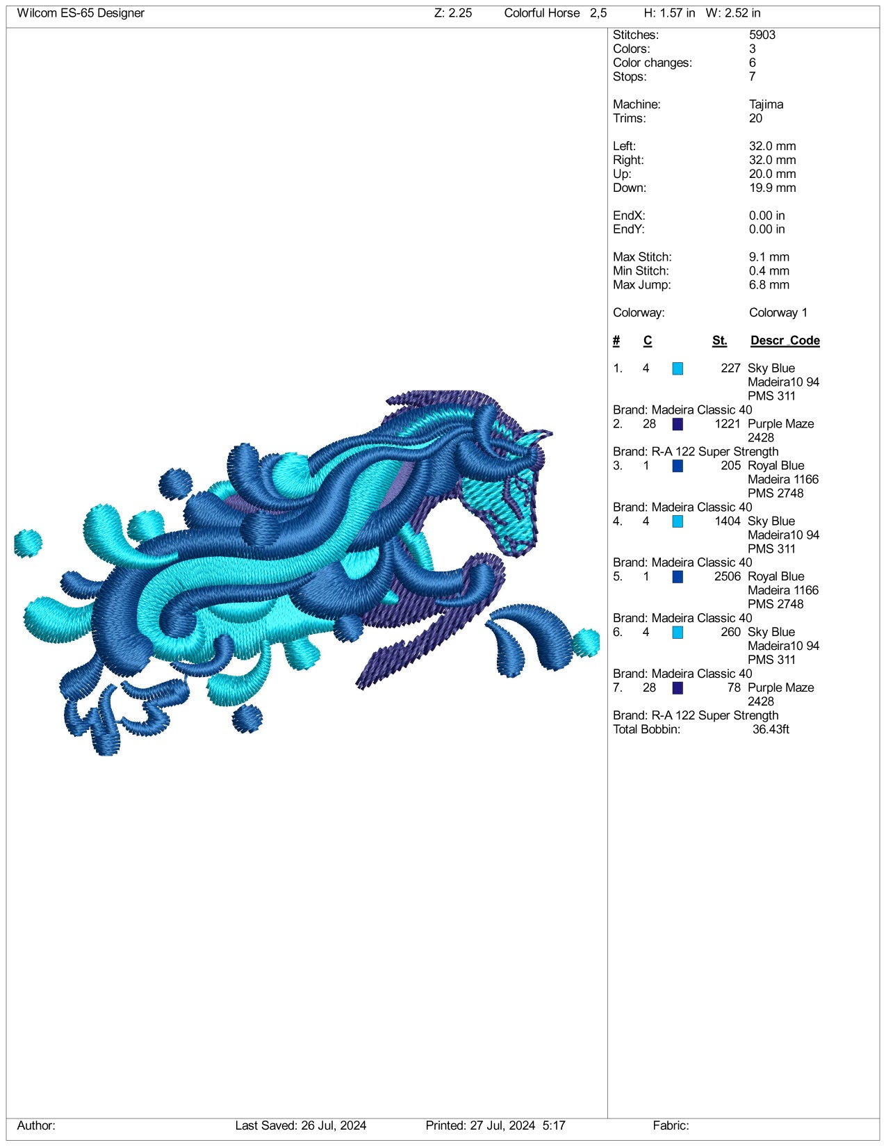 Water Horse Embroidery Design Files - 3 Size's