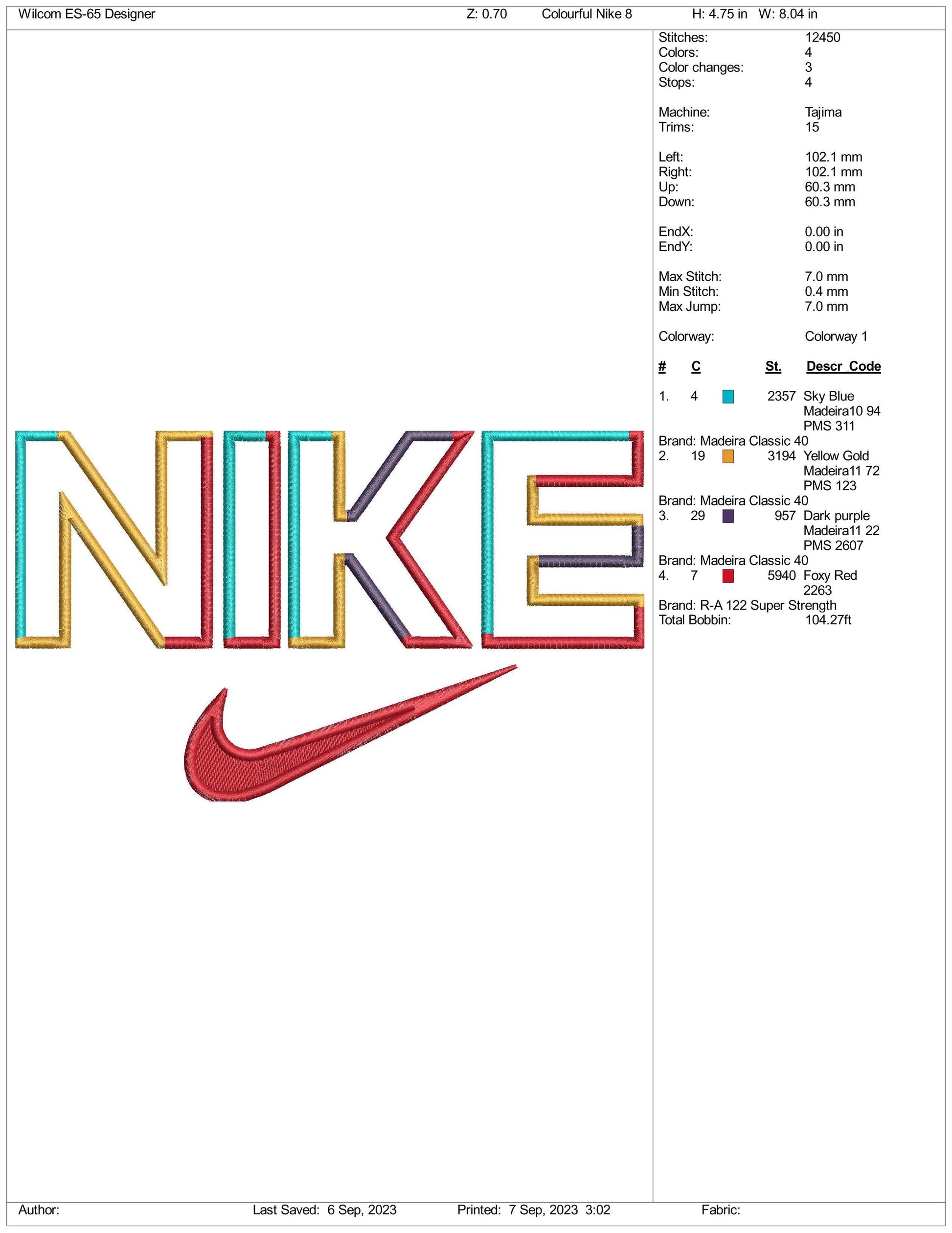 Colorful Nike Embroidery Design Files - 3 Size's