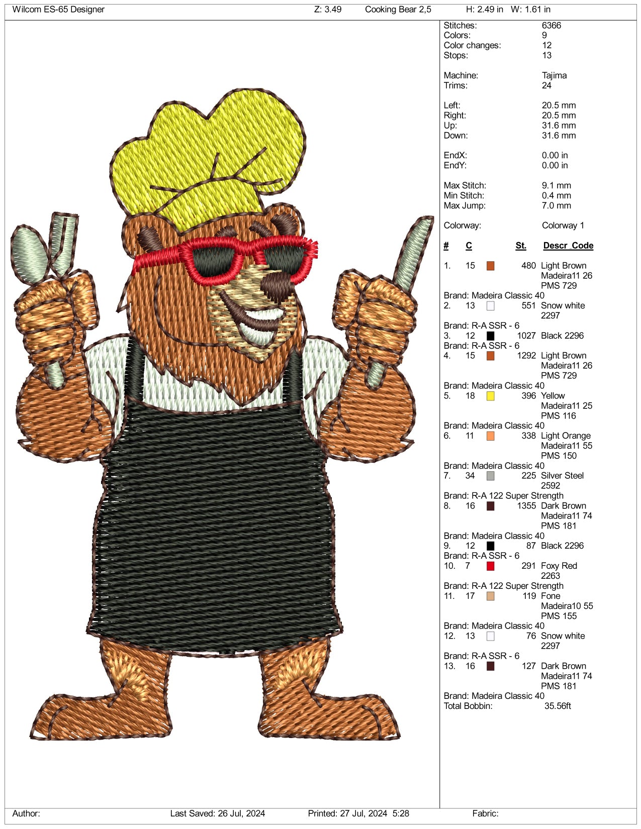 Chef Bear Embroidery Design Files - 3 Size's