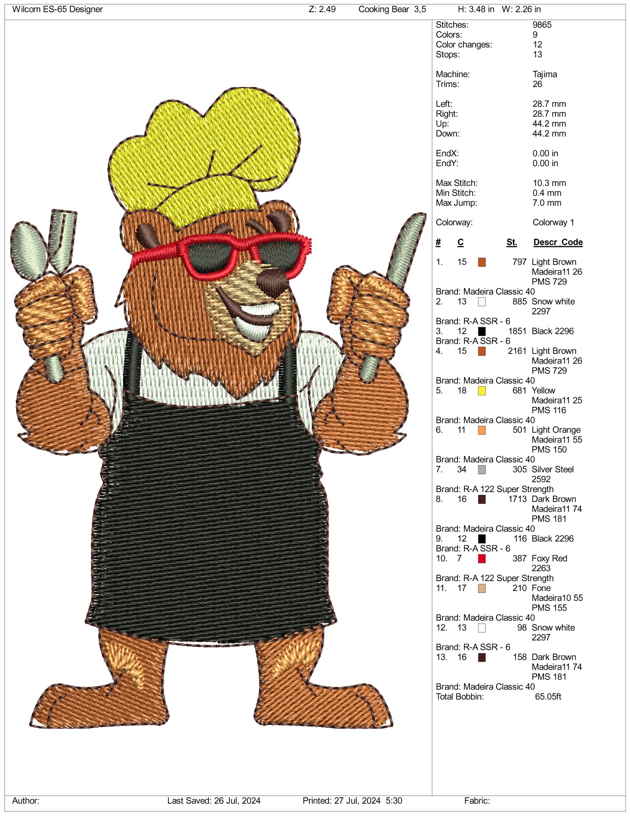 Chef Bear Embroidery Design Files - 3 Size's