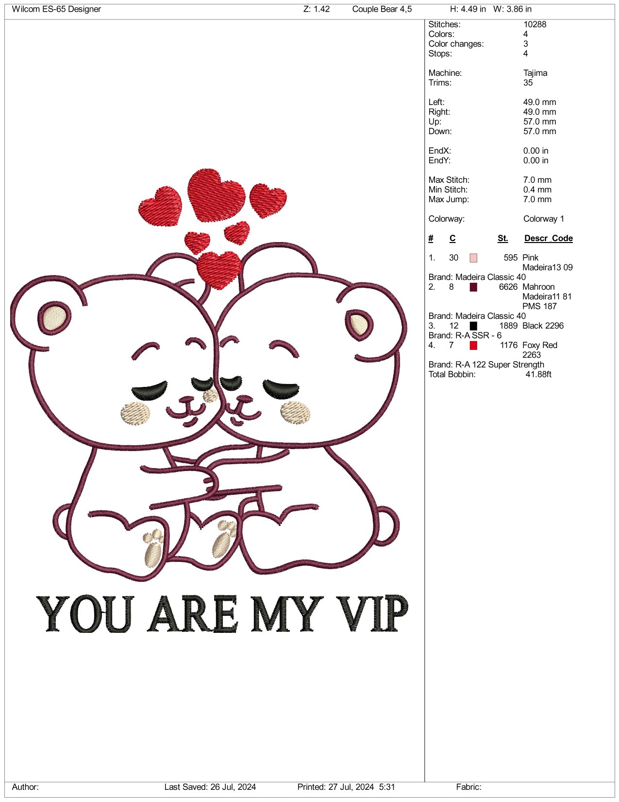 You Are My VIP Bear Couple Embroidery Design Files - 3 Size's