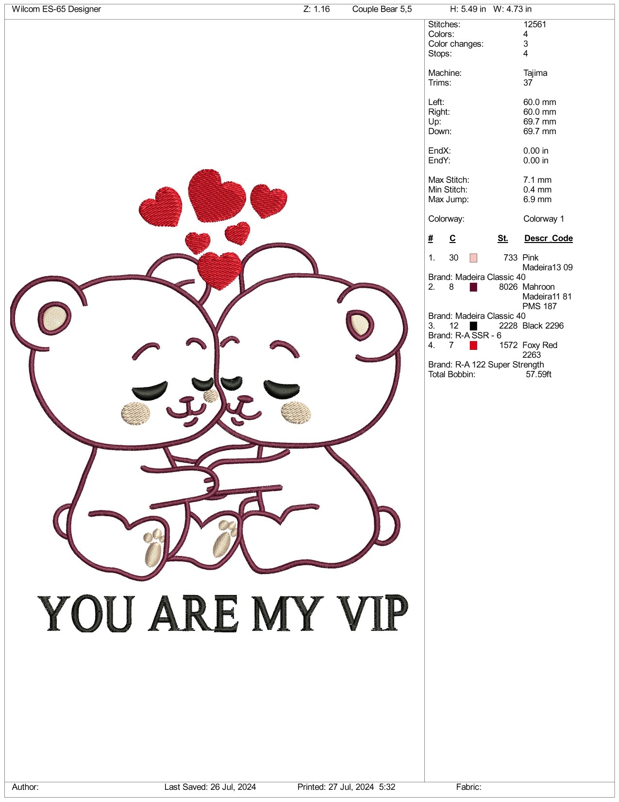 You Are My VIP Bear Couple Embroidery Design Files - 3 Size's