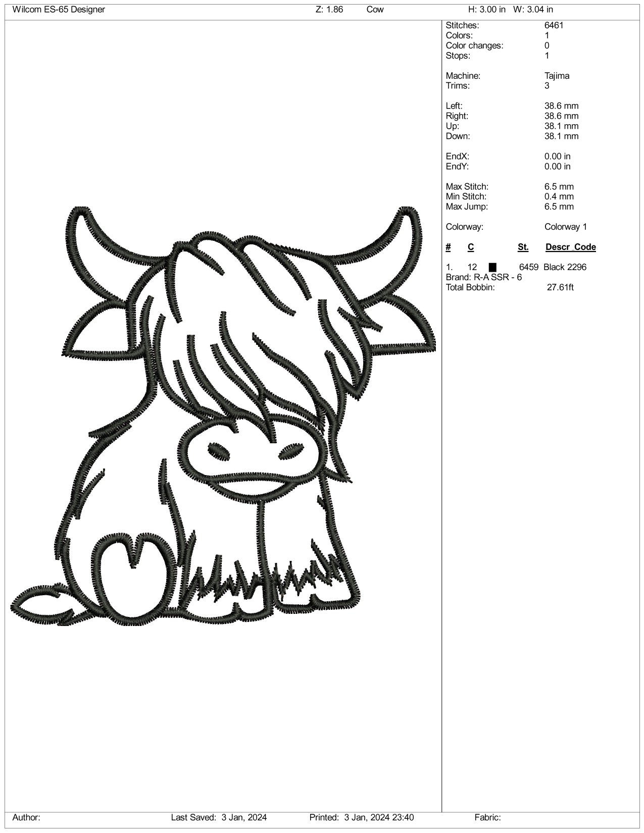 Buffalo Lineart Embroidery Design Files - 3 Size's