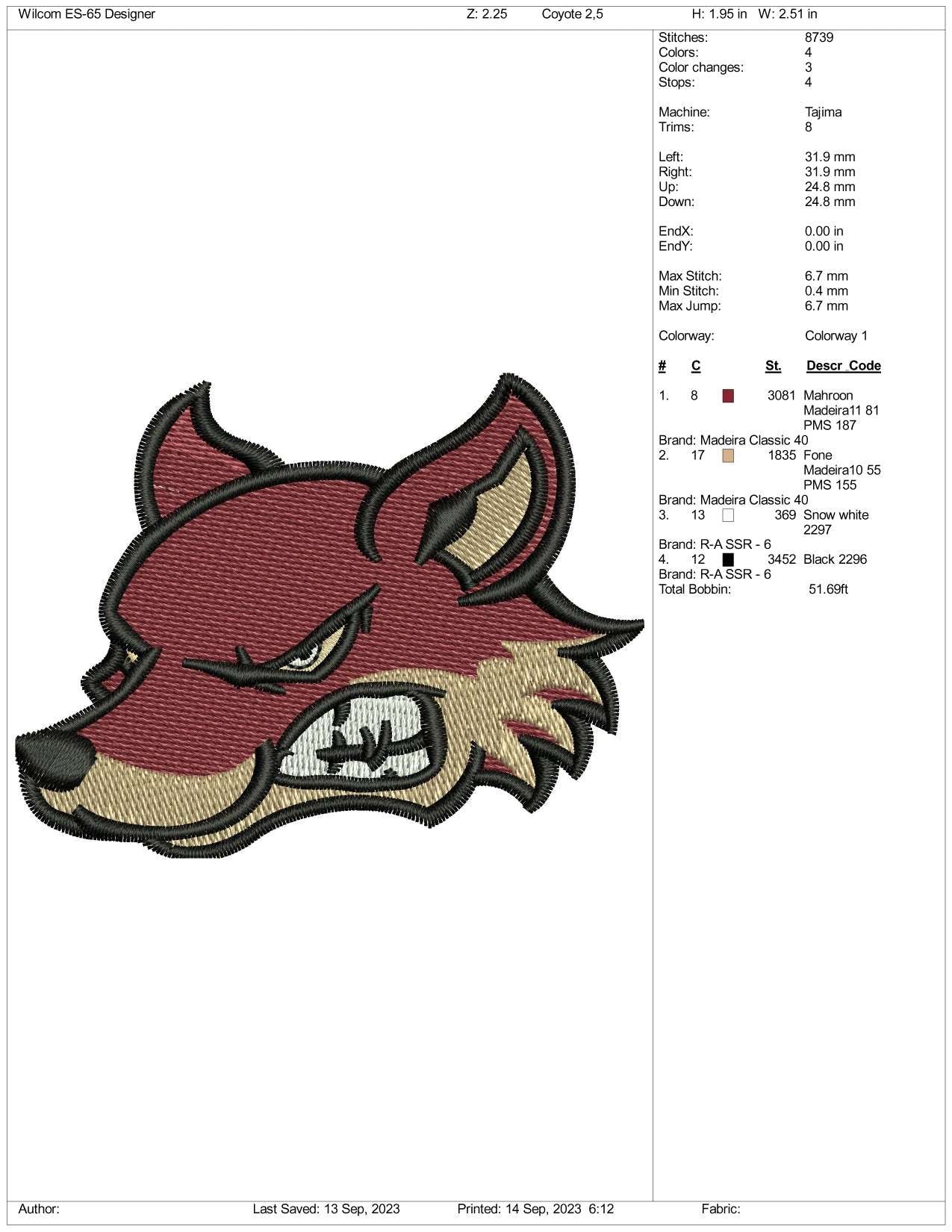 Angry Wolf Embroidery Design Files - 3 Size's