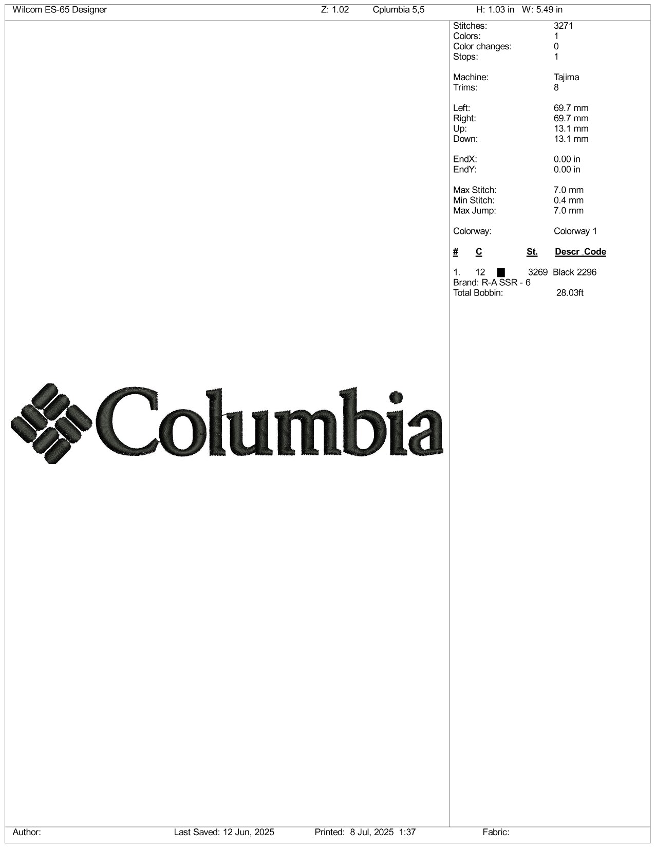 Columbia Logo Embroidery Design Files - 3 Size's