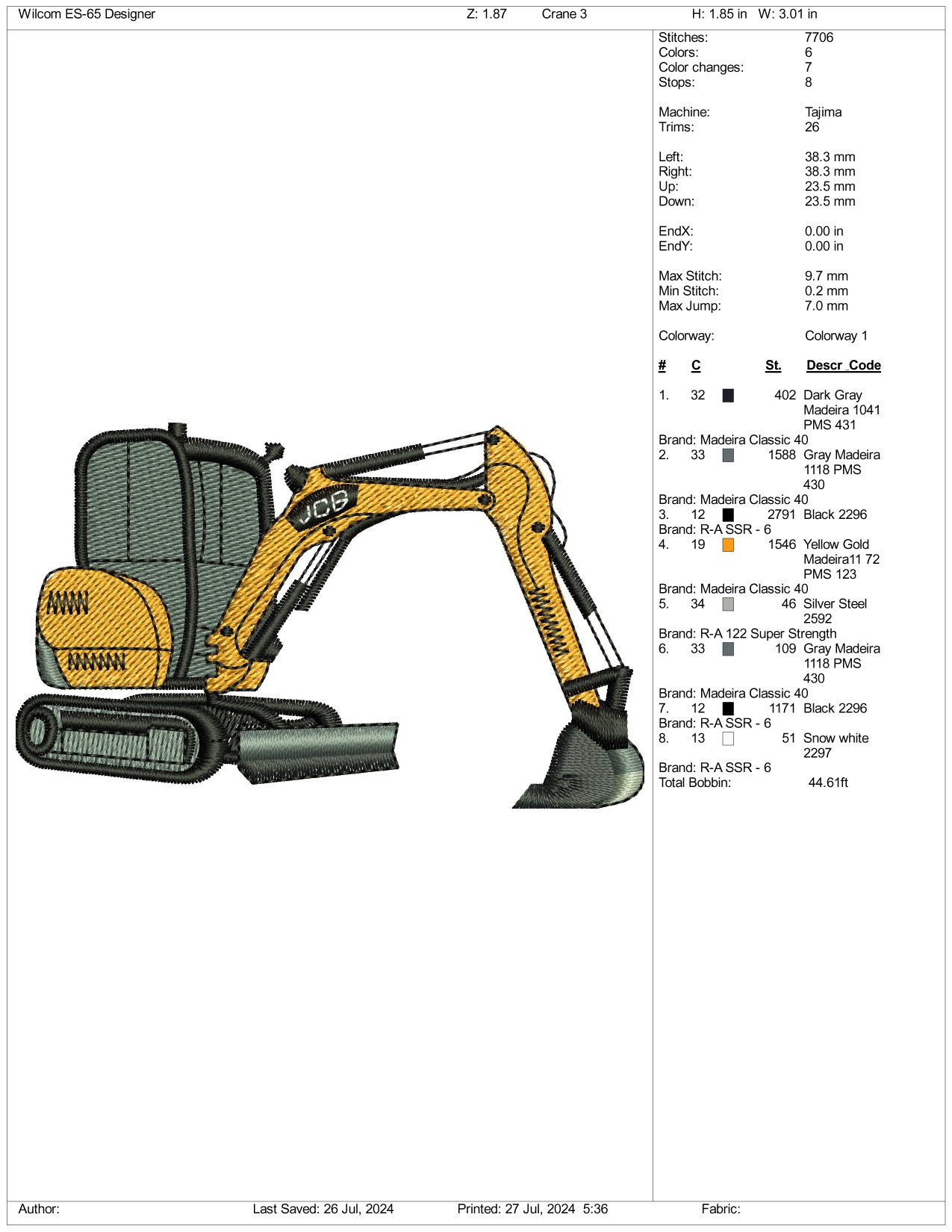 Excavator Embroidery Design Files - 3 Size's