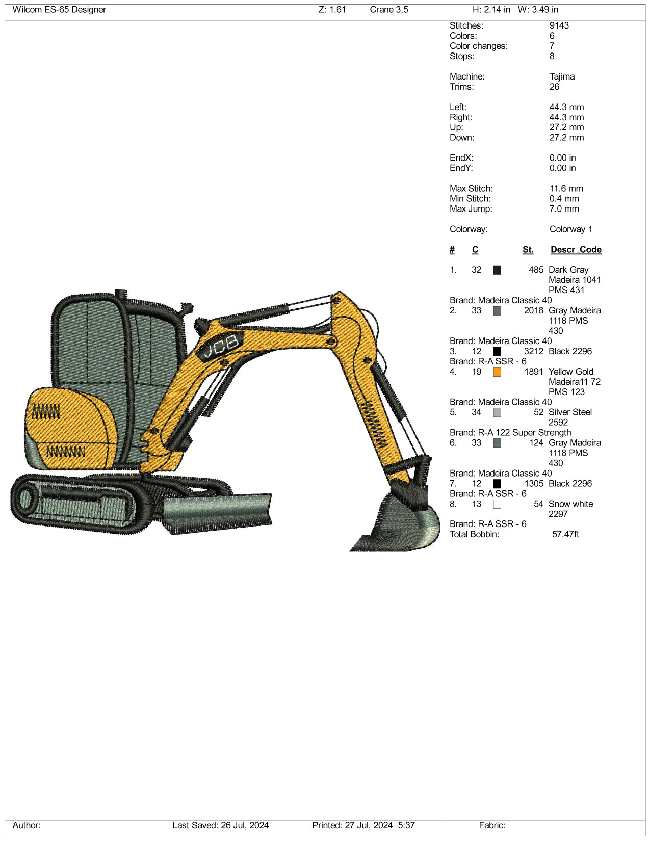 Excavator Embroidery Design Files - 3 Size's