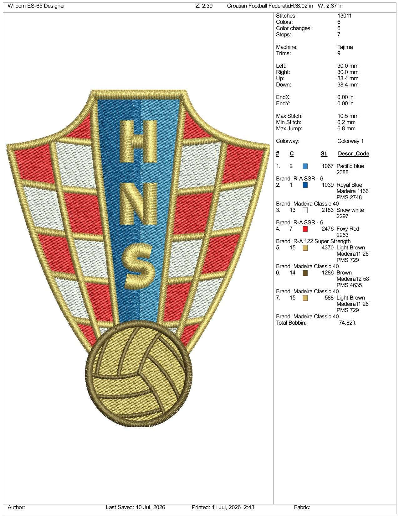 Croatian Football Federation Logo Embroidery Design Files - 3 Size's