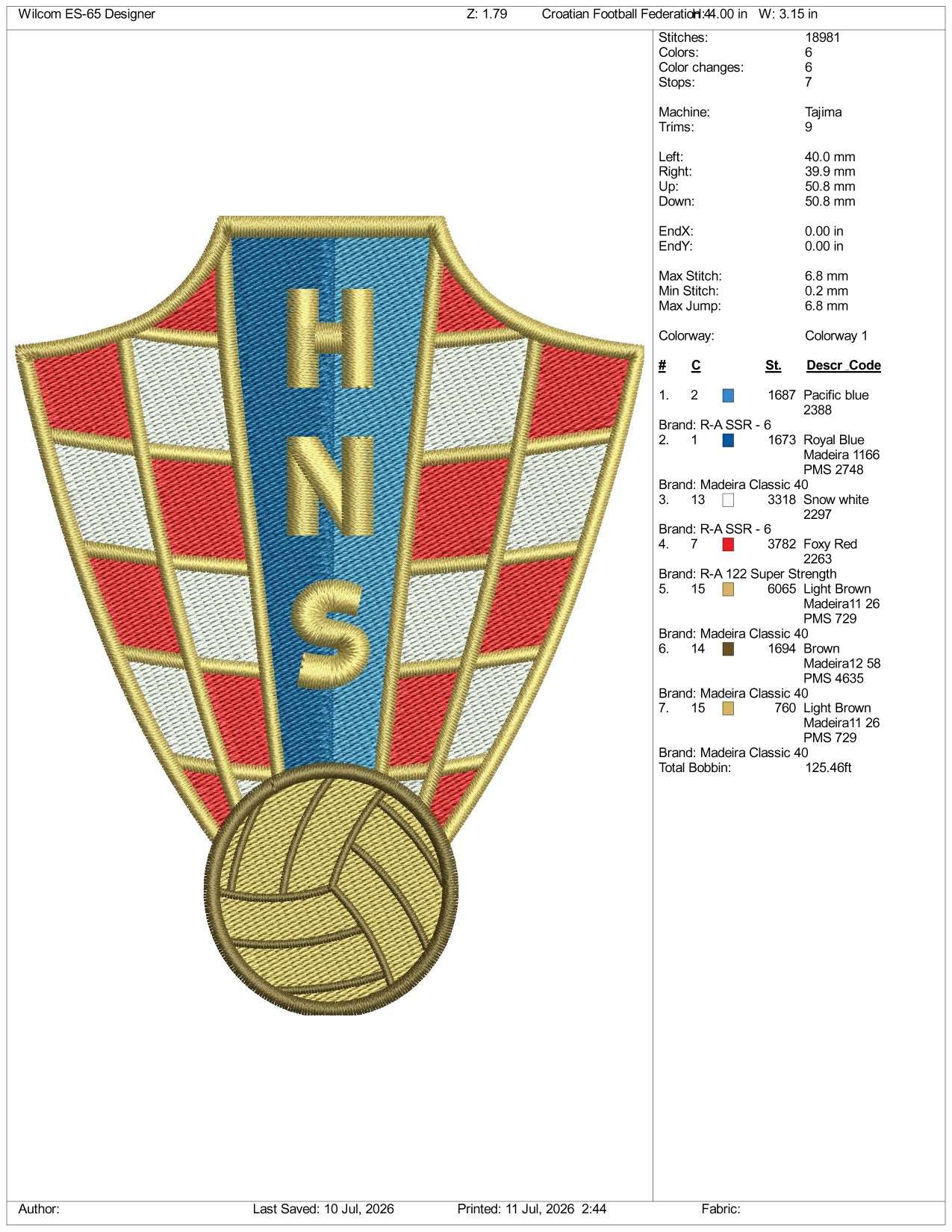 Croatian Football Federation Logo Embroidery Design Files - 3 Size's