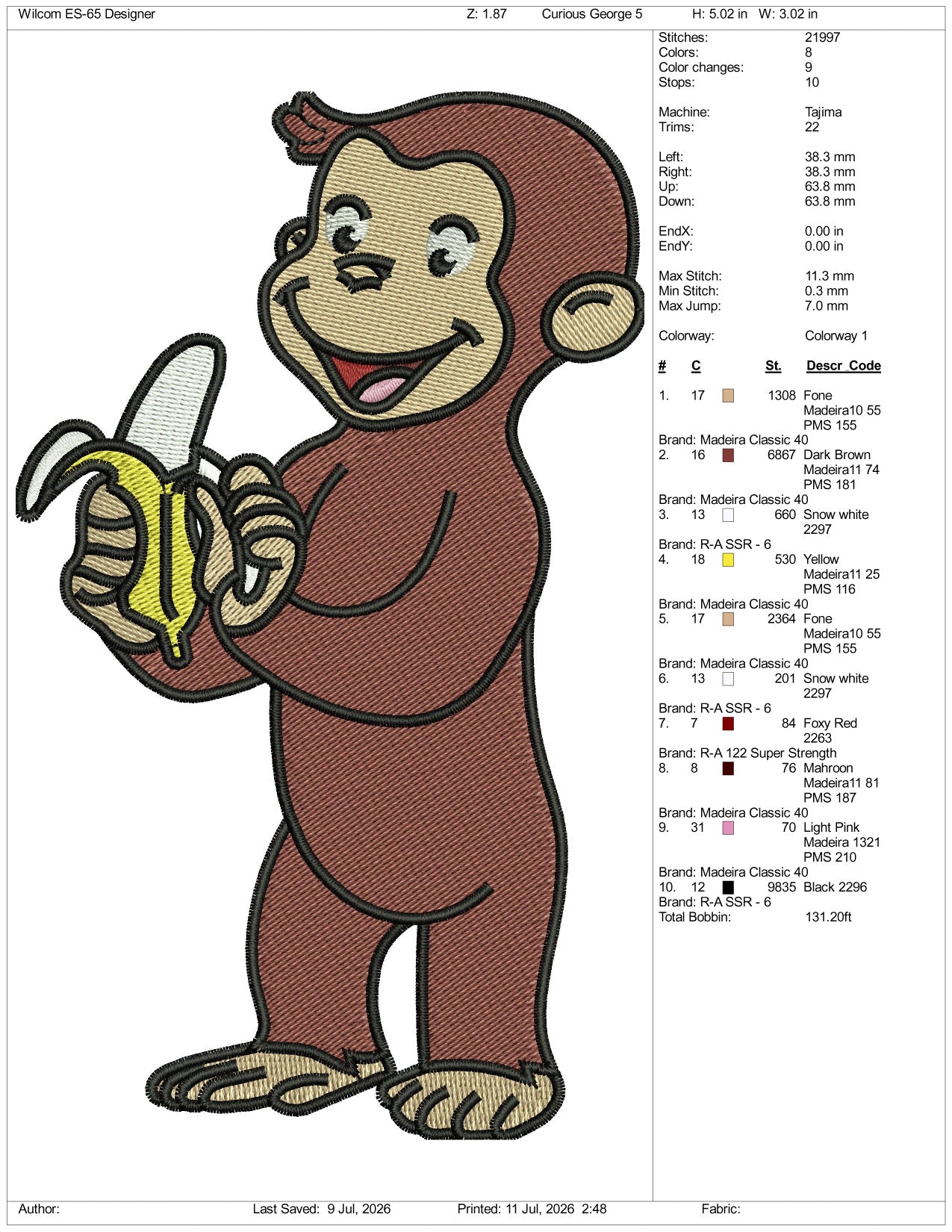 Curious George Embroidery Design Files - 3 Size's