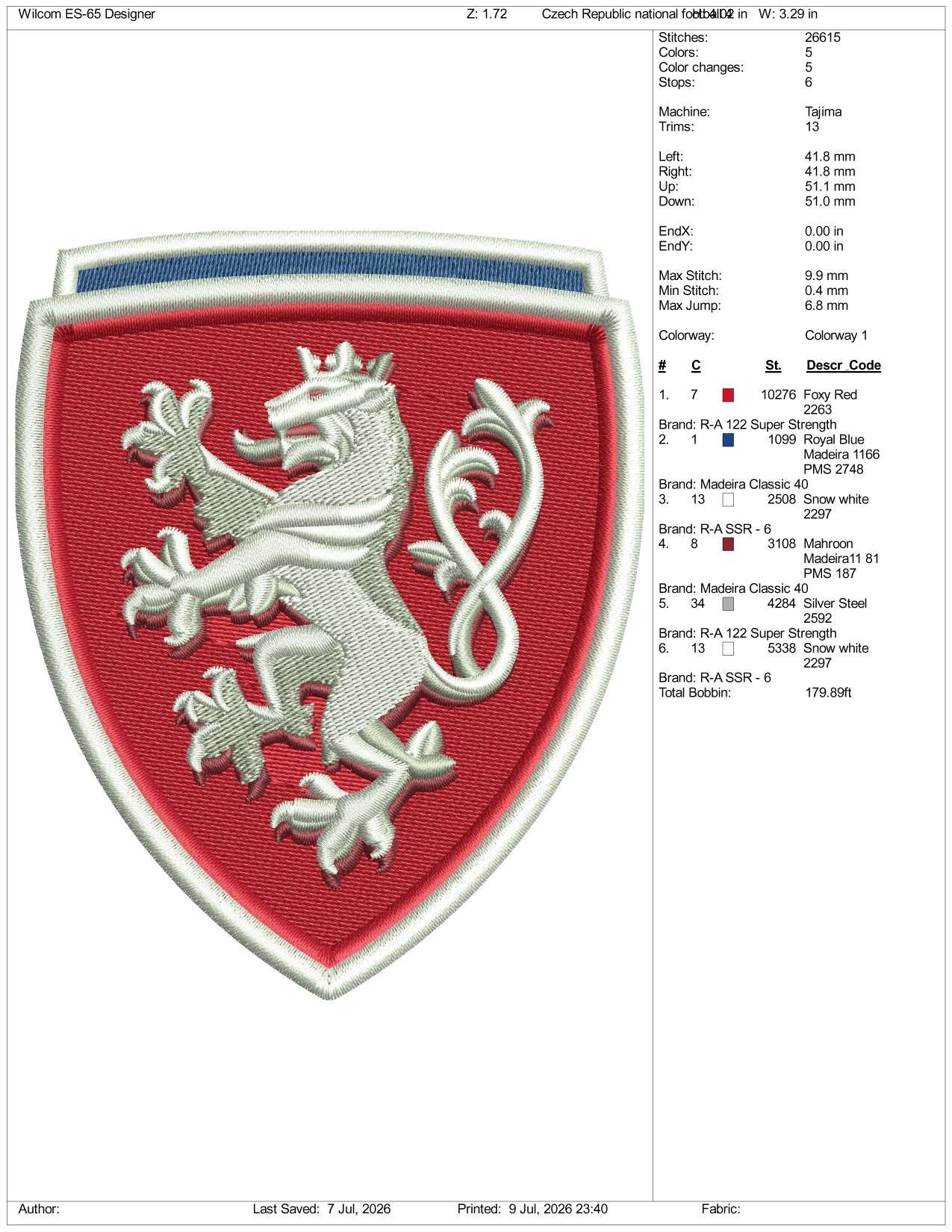 Czech Republic National Football Logo Embroidery Design Files - 3 Size's