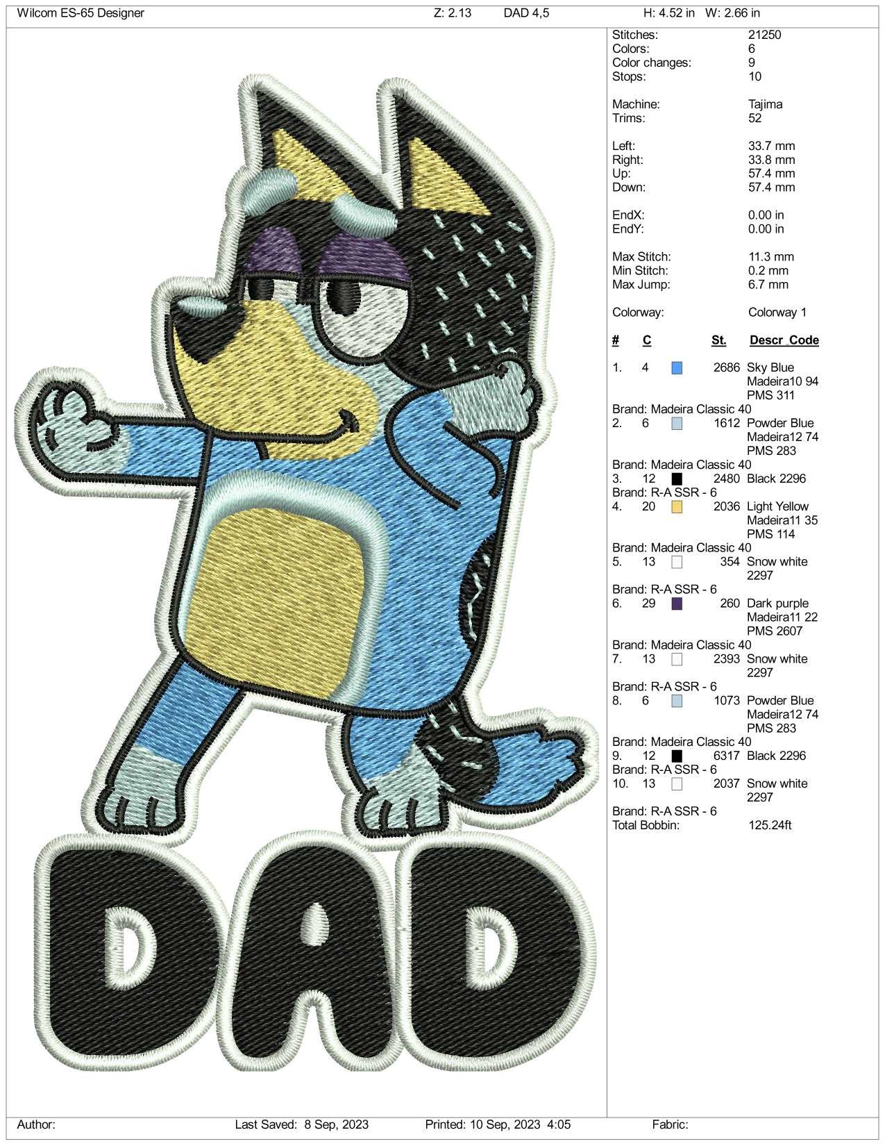 Bluey Dad Embroidery Design Files - 3 Size's