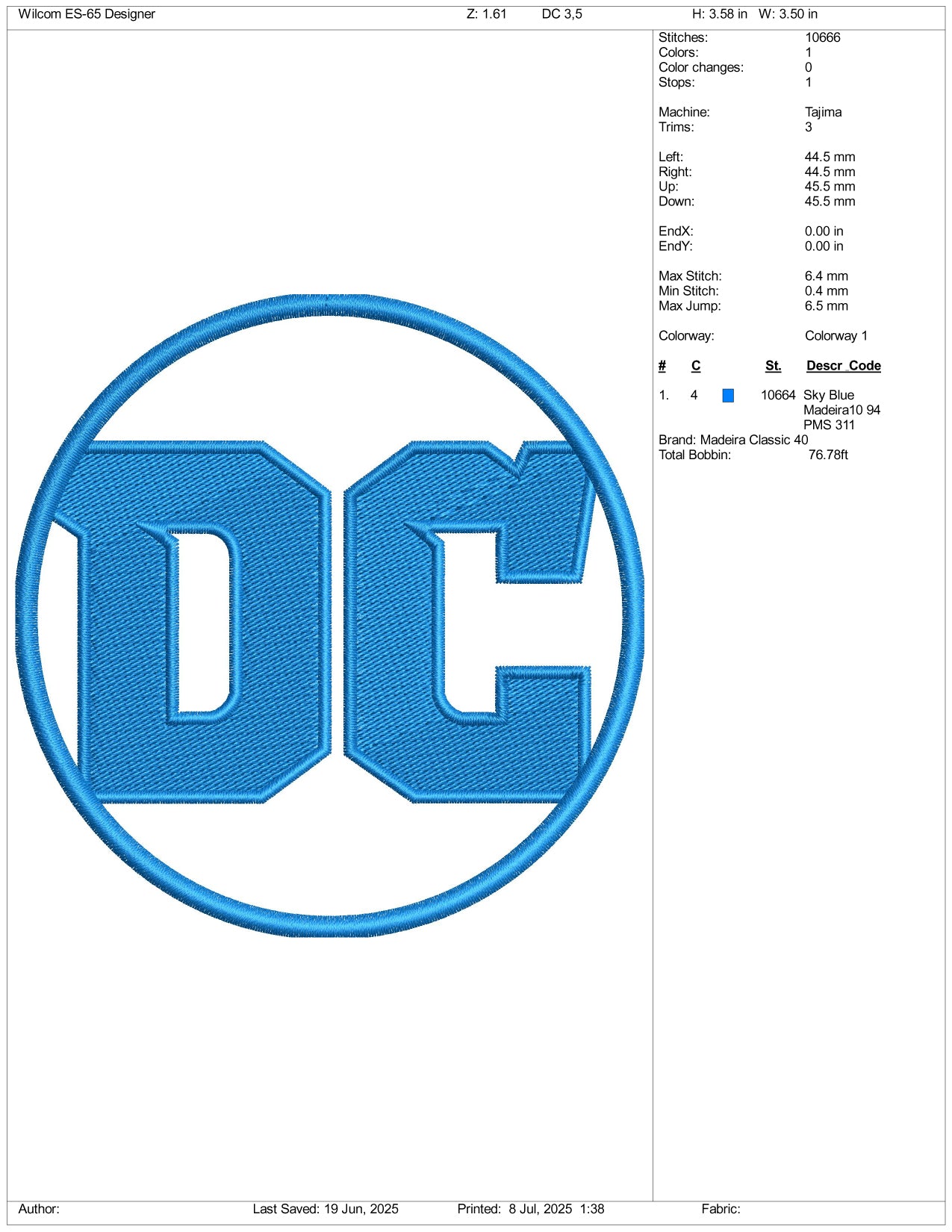 DC Logo Embroidery Design Files - 3 Size's