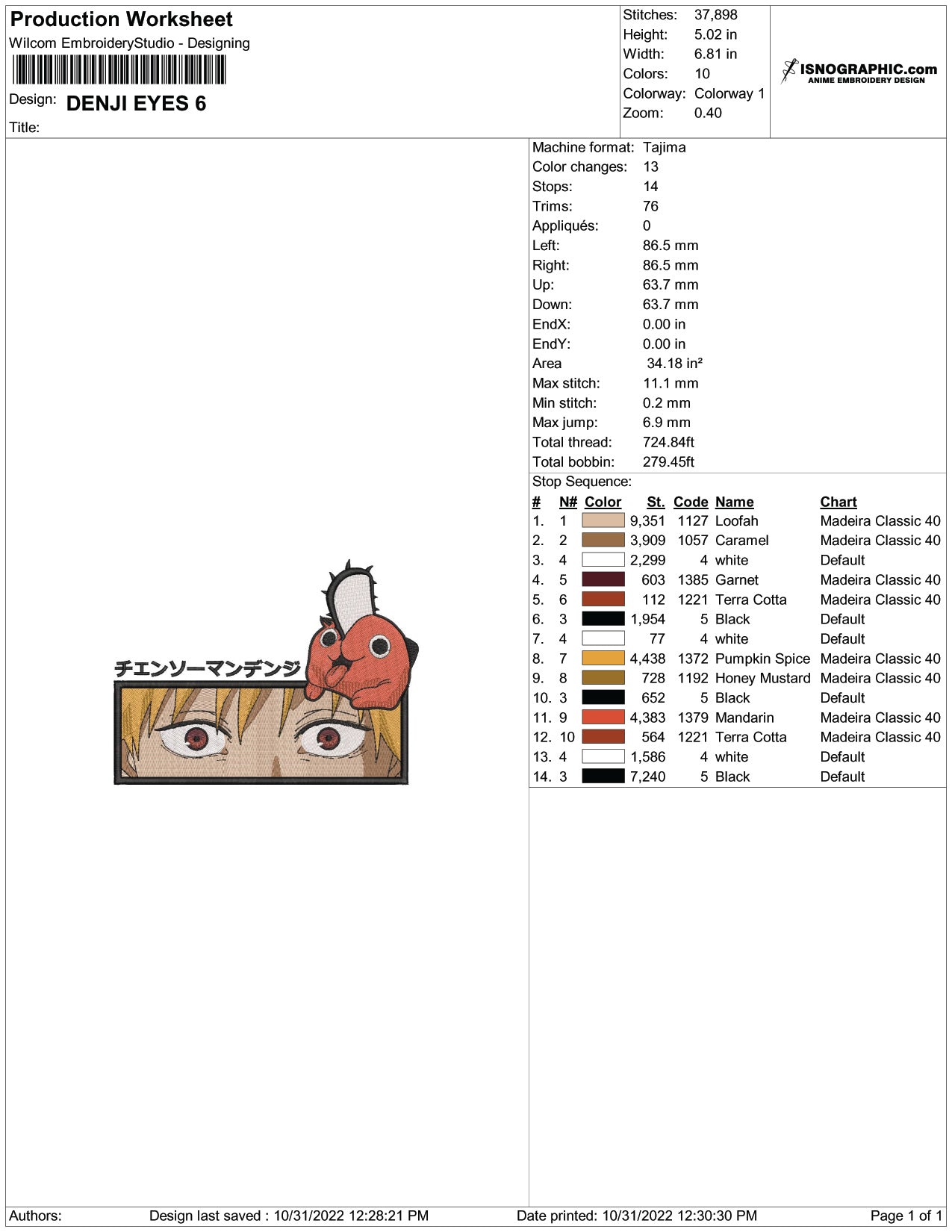 Denji Embroidery Design Files - 3 Size's