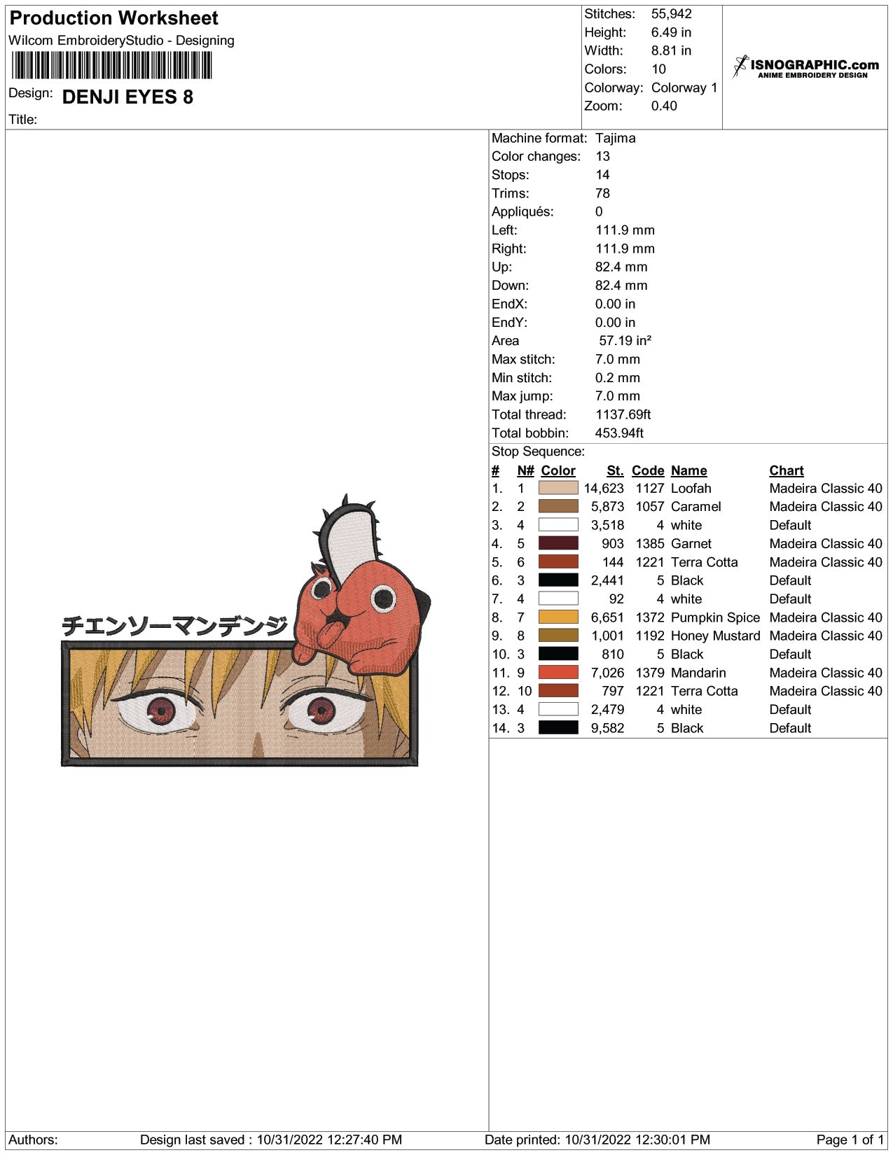 Denji Embroidery Design Files - 3 Size's