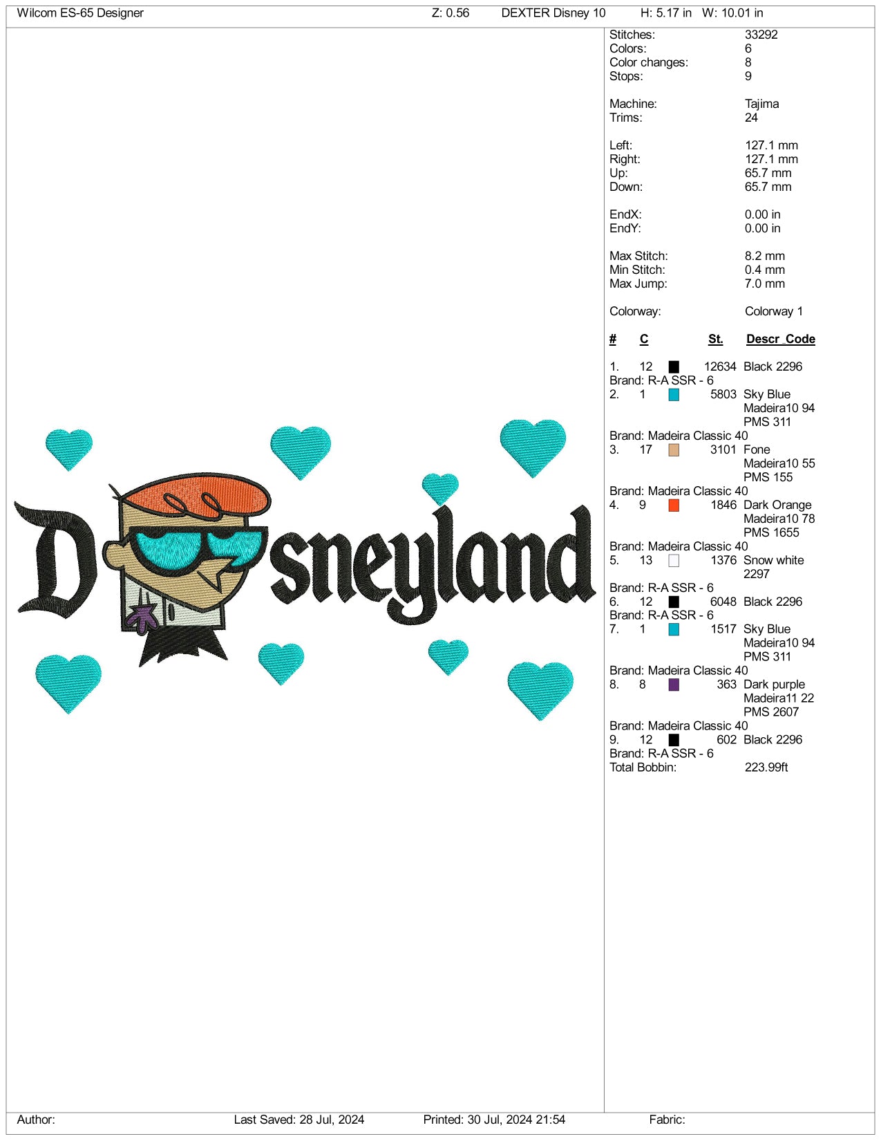 Dexter Disneyland Embroidery Design Files - 3 Size's