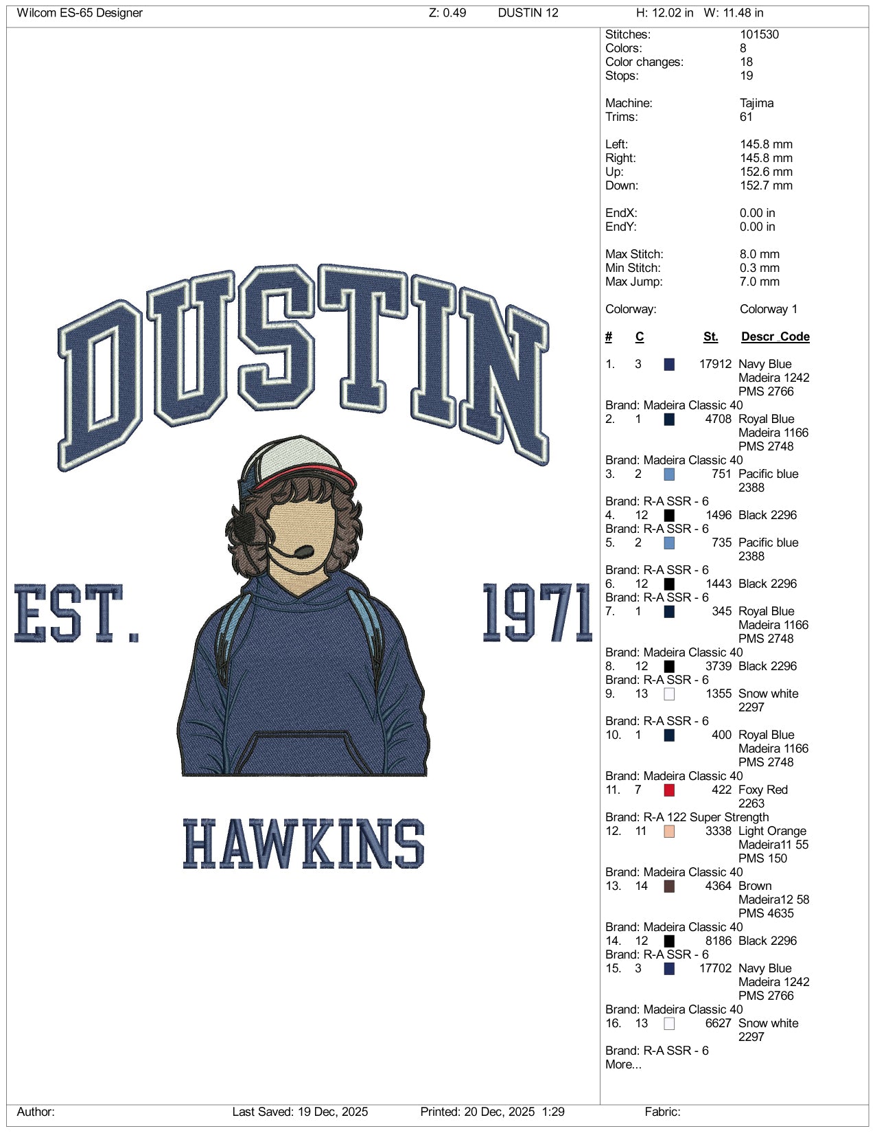 Dustin Est 1971 Hawkins Embroidery Design Files - 5 Size's