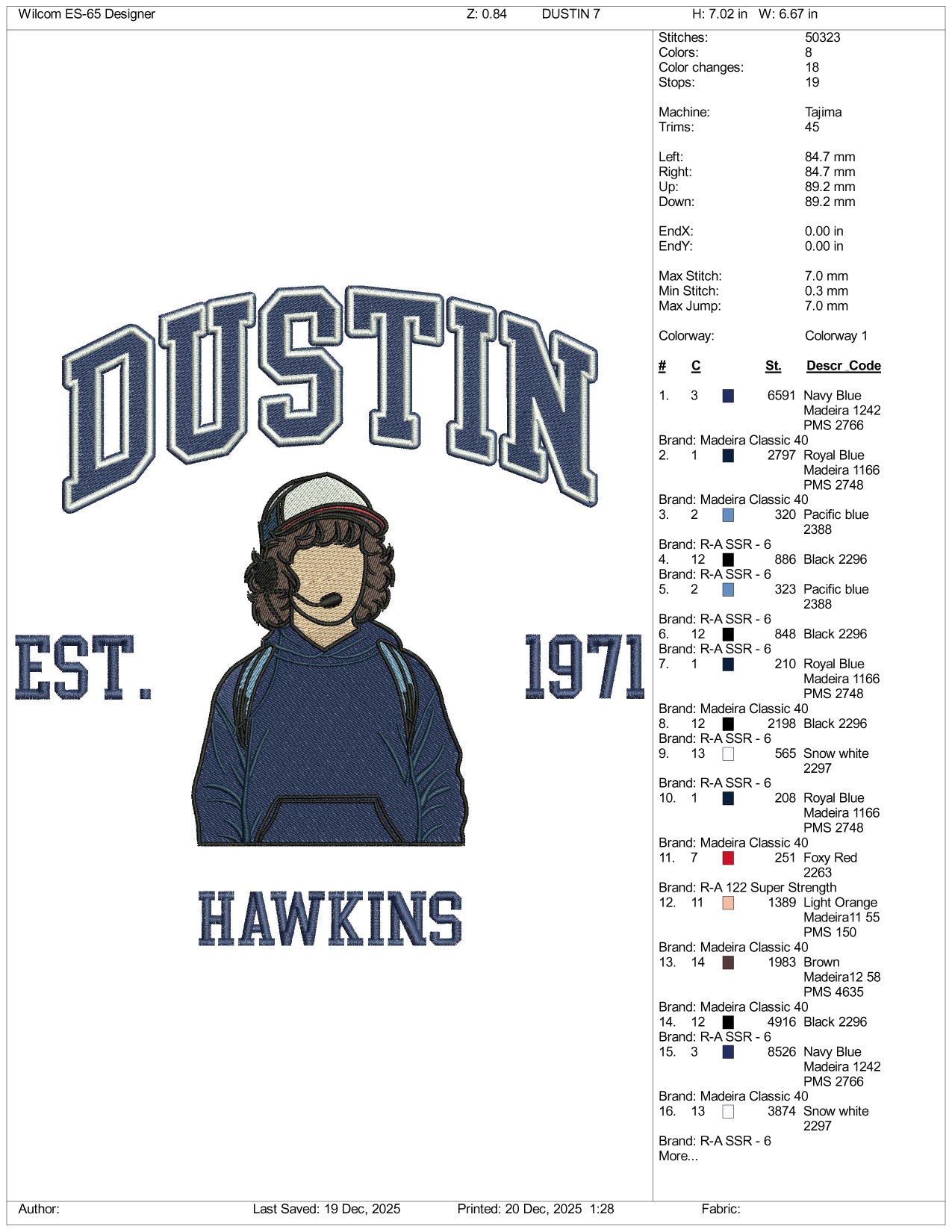 Dustin Est 1971 Hawkins Embroidery Design Files - 5 Size's