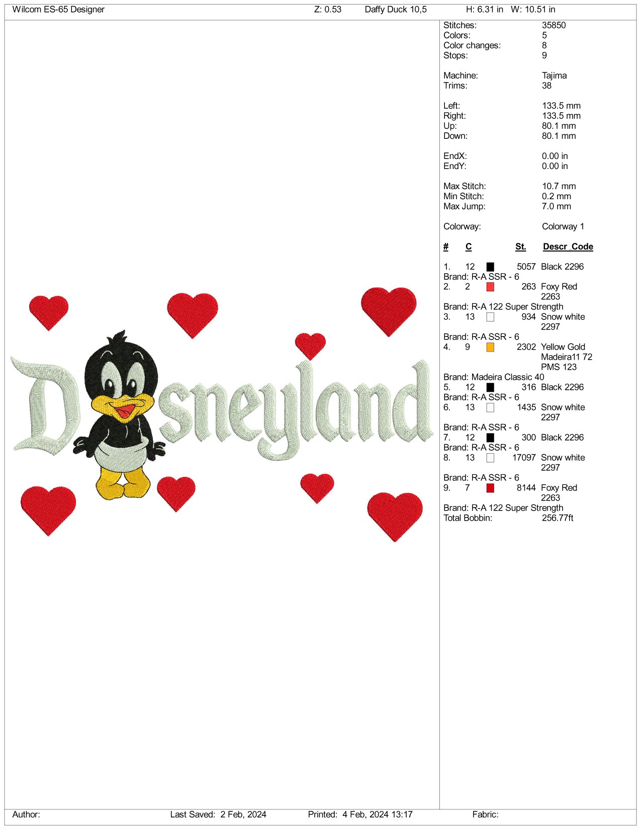 Chibi Daffy Duck Disneyland Embroidery Design Files - 3 Size's