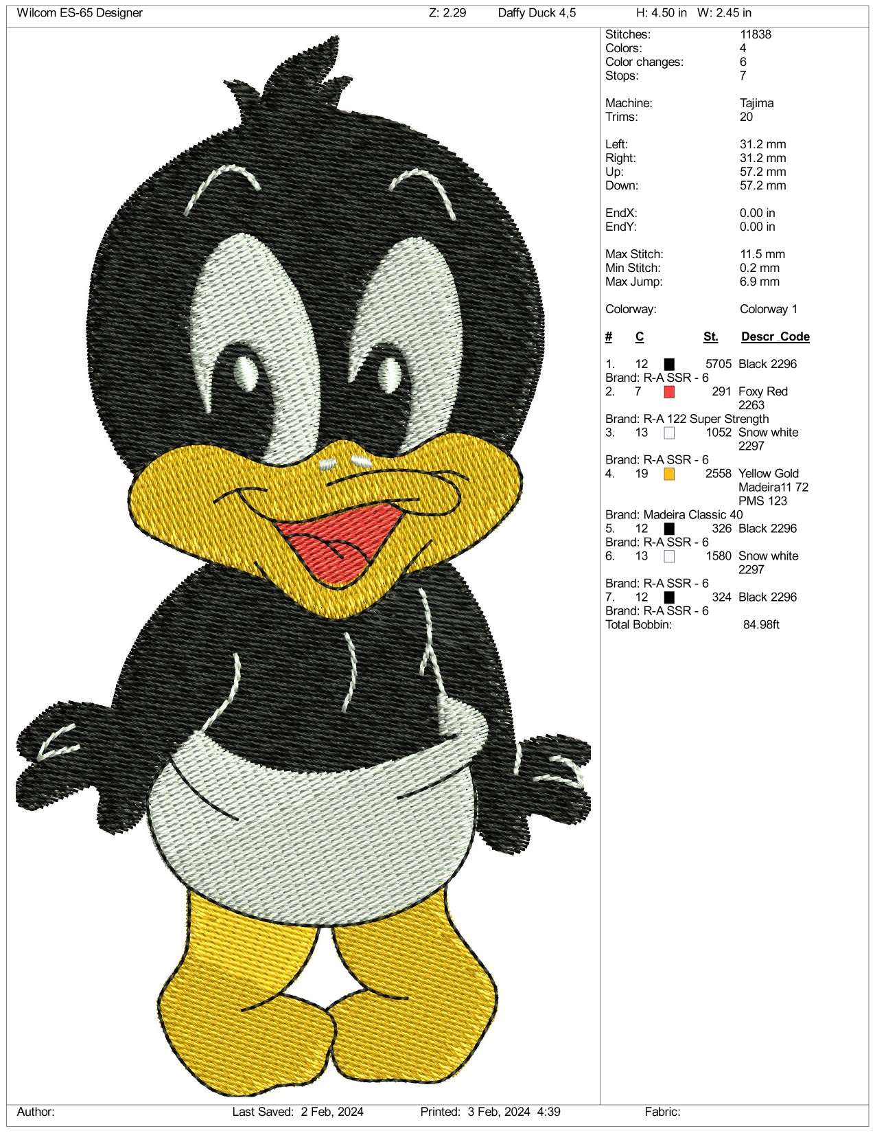Chibi Daffy Duck Embroidery Design Files - 3 Size's