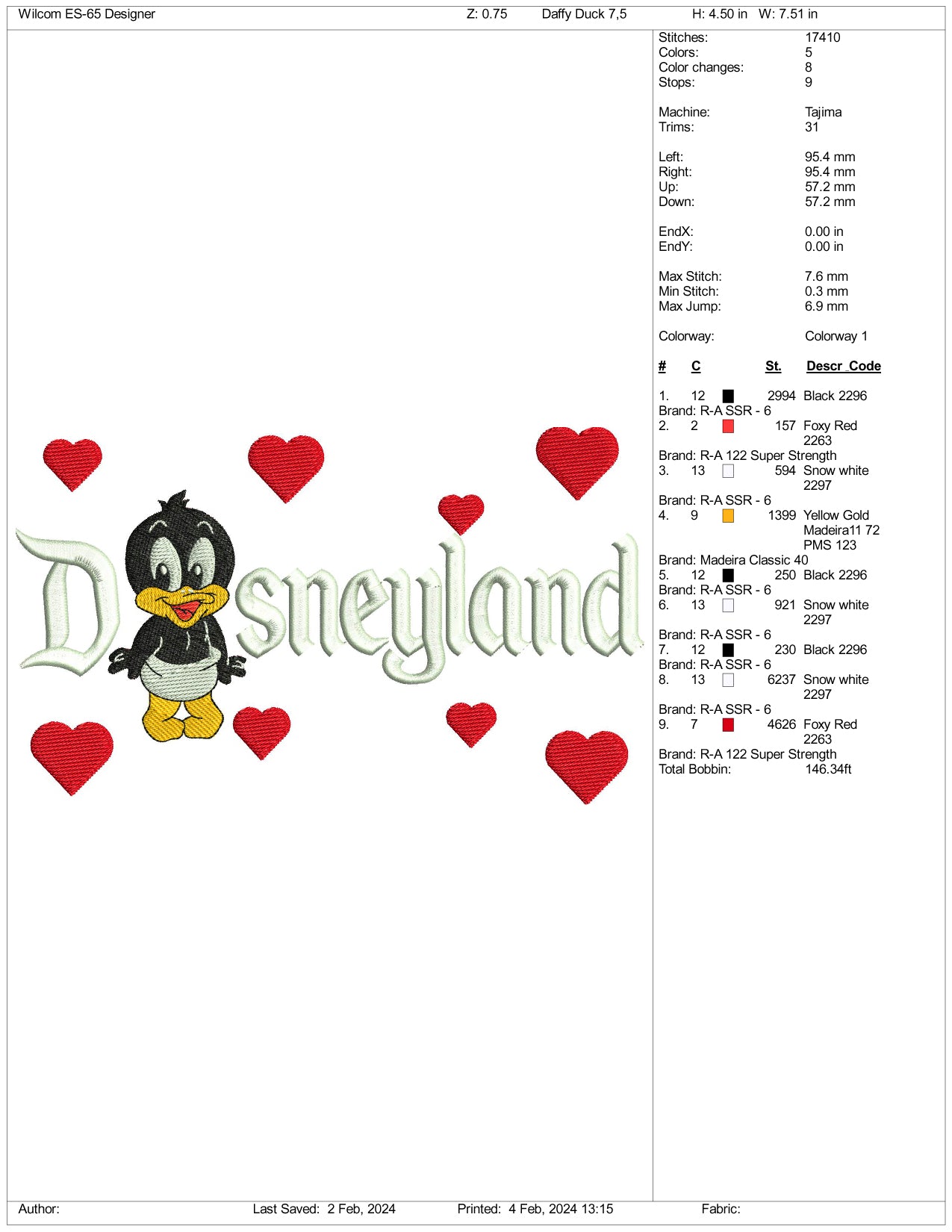 Chibi Daffy Duck Disneyland Embroidery Design Files - 3 Size's