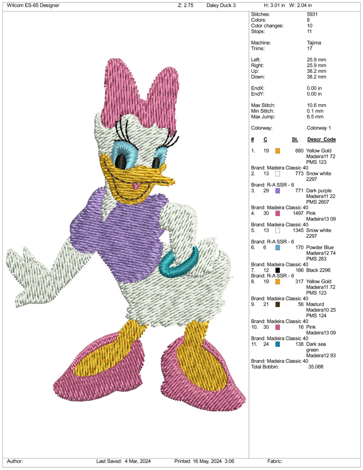 Pattern Daisy Duck Daisy Duck Full Embroidery Design Files - 3 Sizes – Online Embroidery ...