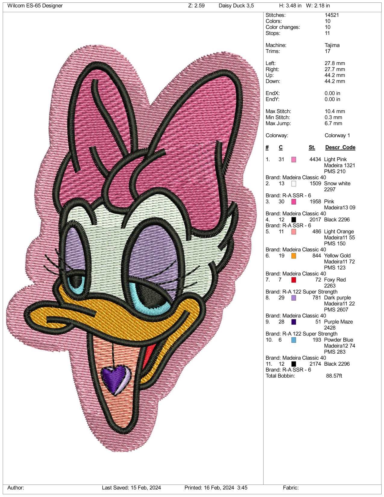 Daisy Duck Embroidery Design Files - 3 Size's