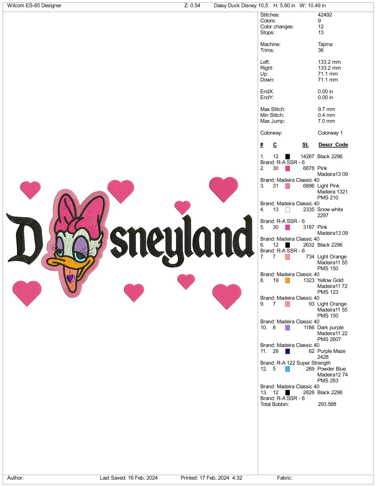 Daisy Duck Disneyland Embroidery Design Files - 3 Size's