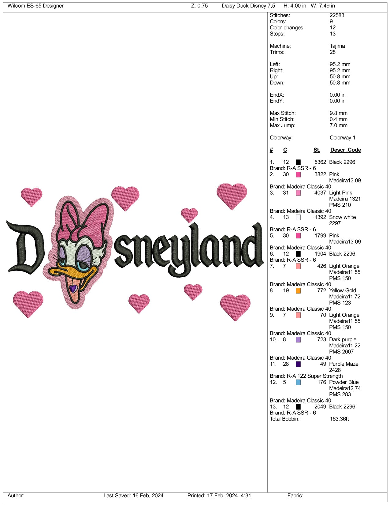 Daisy Duck Disneyland Embroidery Design Files - 3 Size's