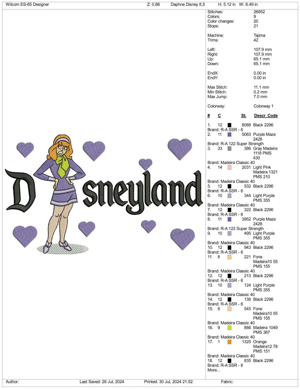 Daphne Blake Disneyland Embroidery Design Files - 3 Size's