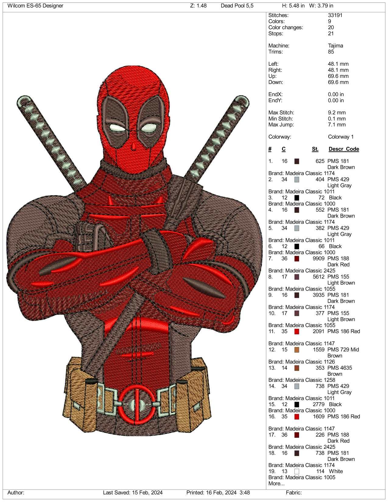 Deadpool Half Embroidery Design Files - 3 Size's