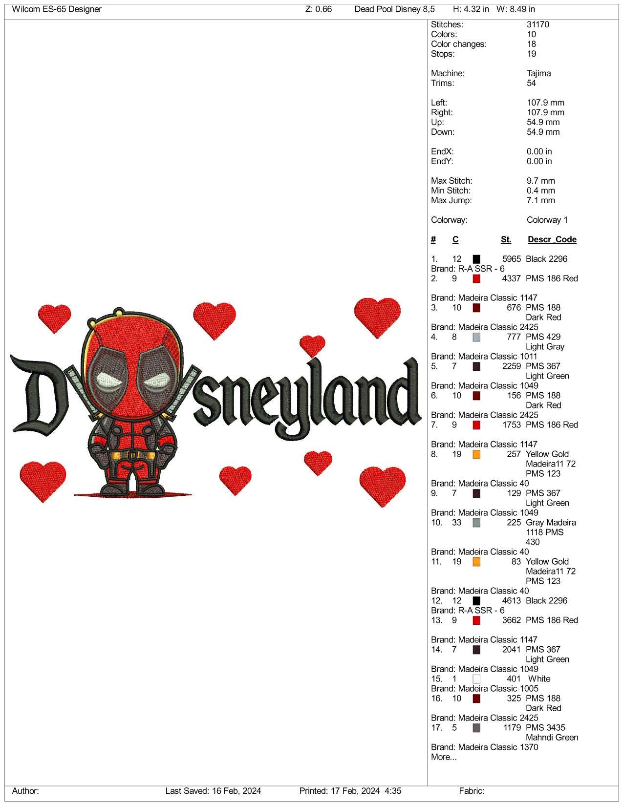 Chibi Deadpool Disneyland Embroidery Design Files - 3 Size's