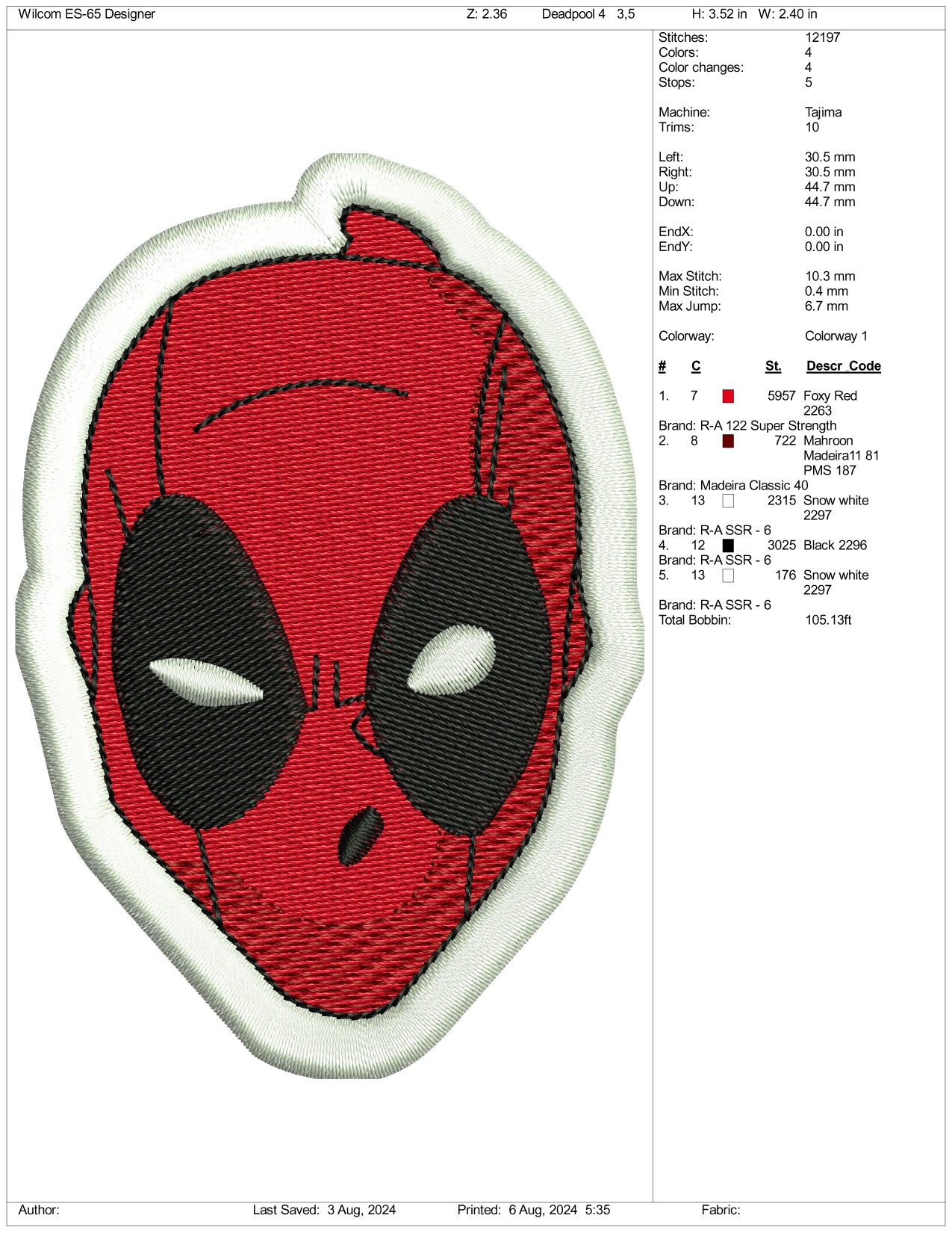 Deadpool Face Embroidery Design Files - 3 Size's