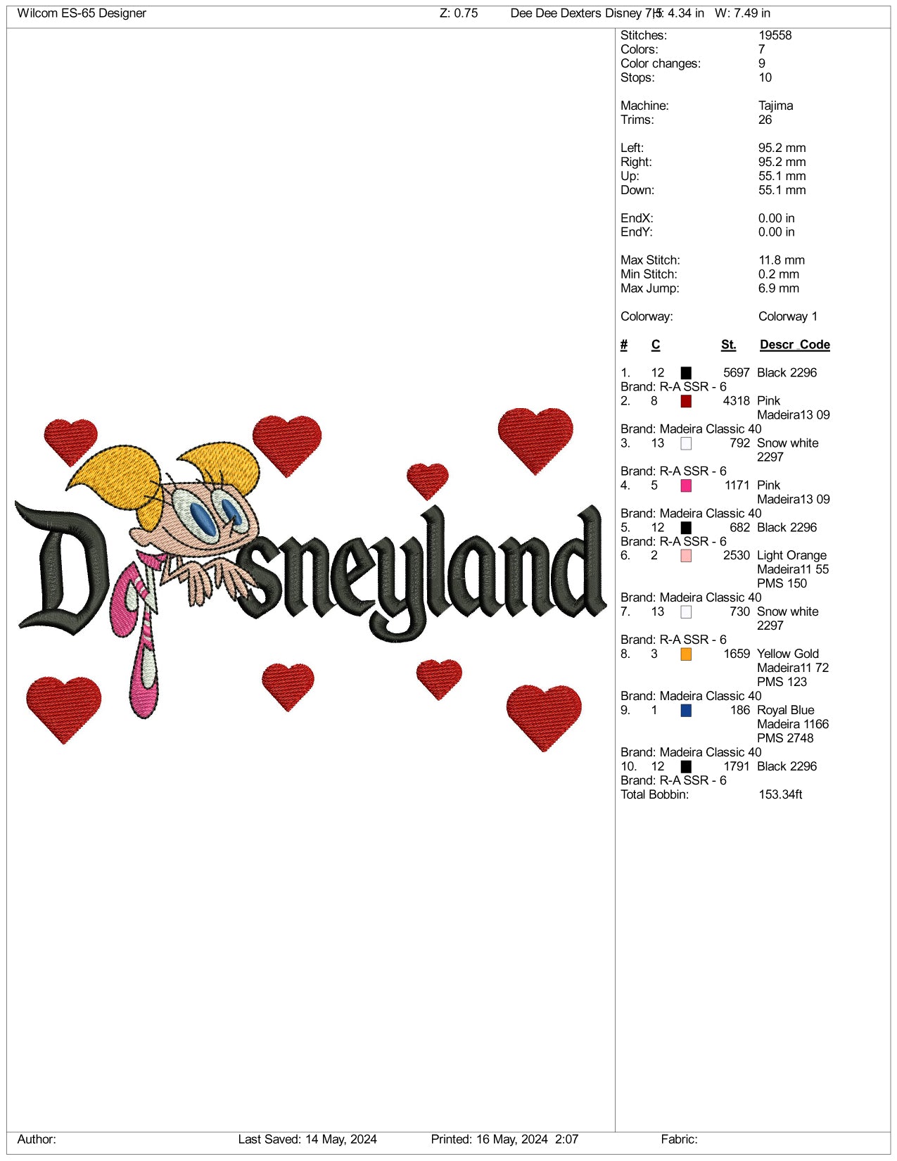 Dee Dee Disneyland Embroidery Design Files - 3 Sizes