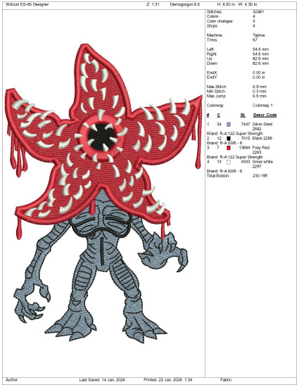 The Demogorgon Stranger Things Embroidery Design Files - 5 Size's
