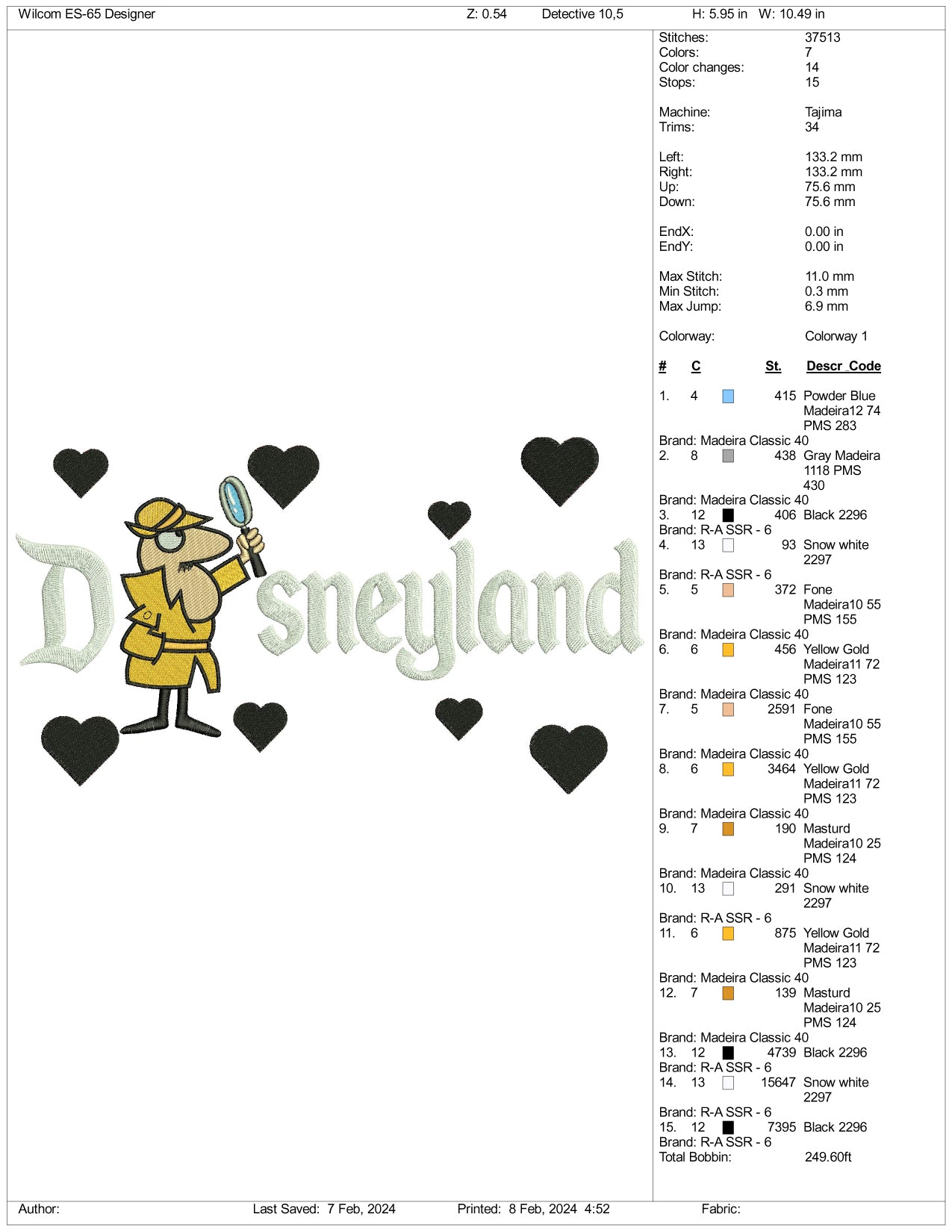 Inspector Clouseau Disneyland Embroidery Design Files - 3 Size's