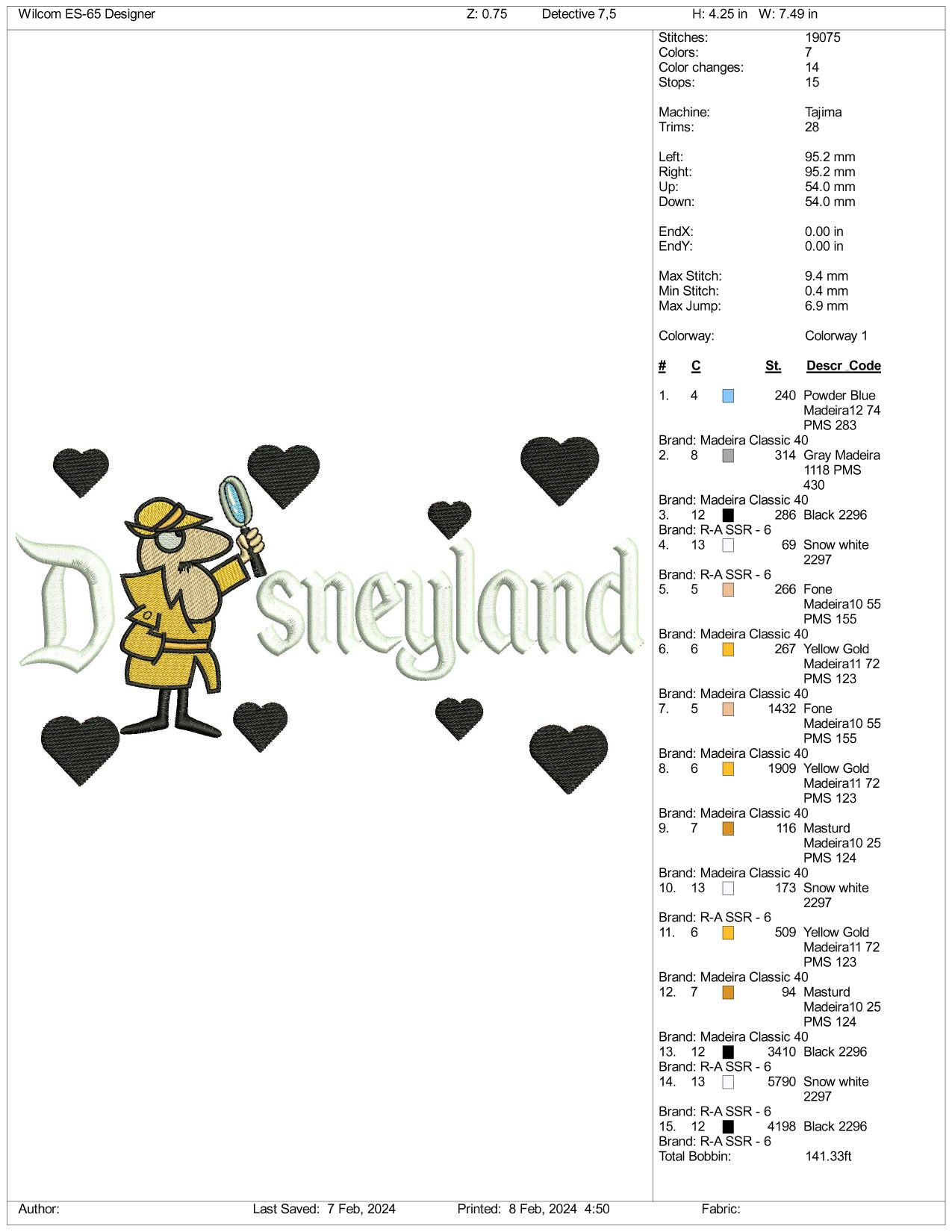 Inspector Clouseau Disneyland Embroidery Design Files - 3 Size's