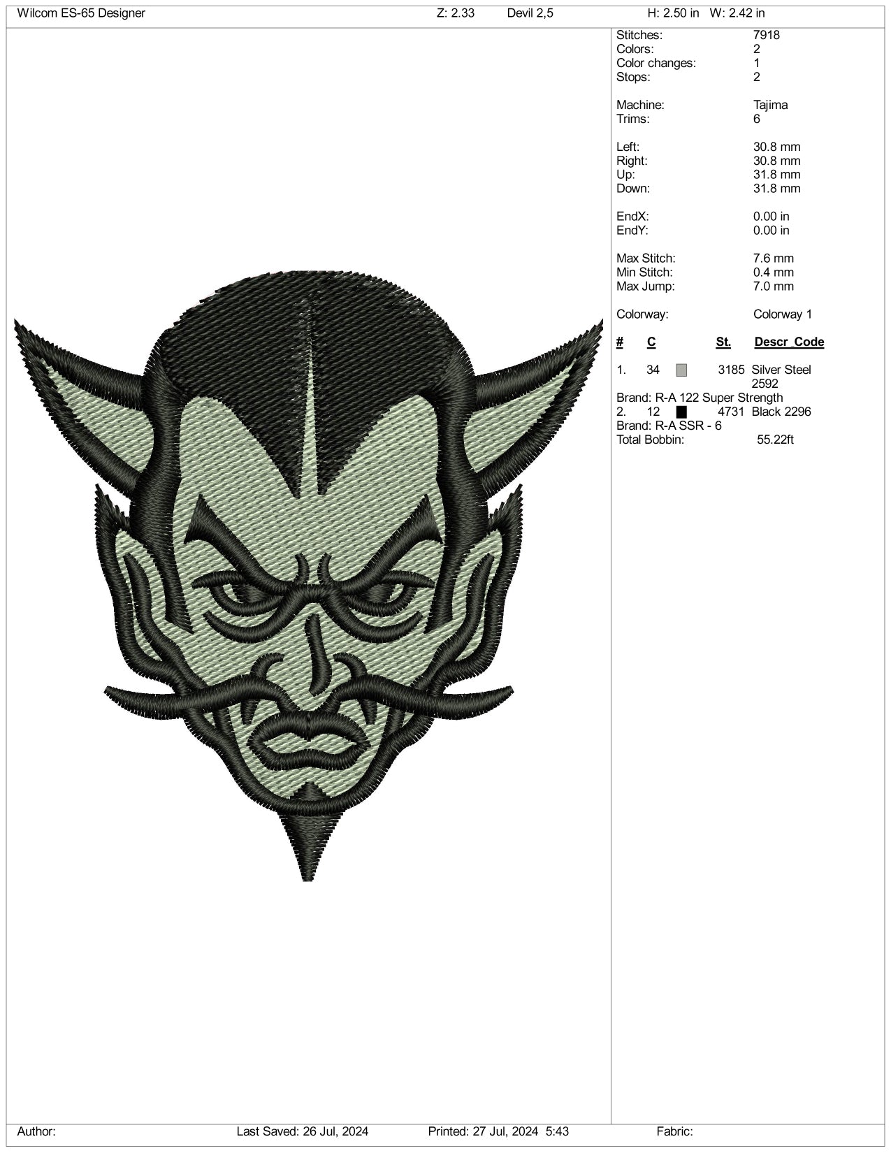 Devil Face Embroidery Design Files - 3 Size's