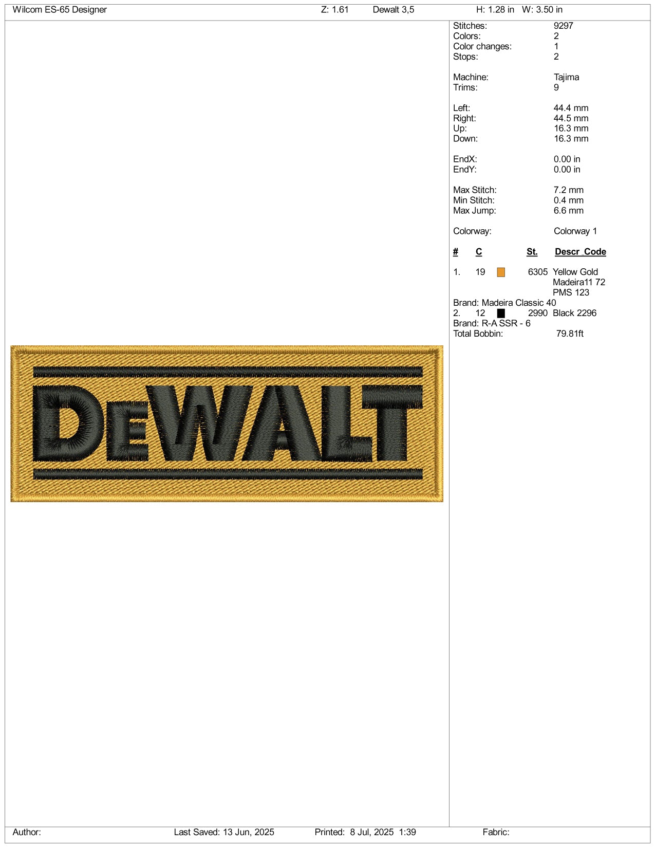 DeWalt Logo Embroidery Design Files - 3 Size's