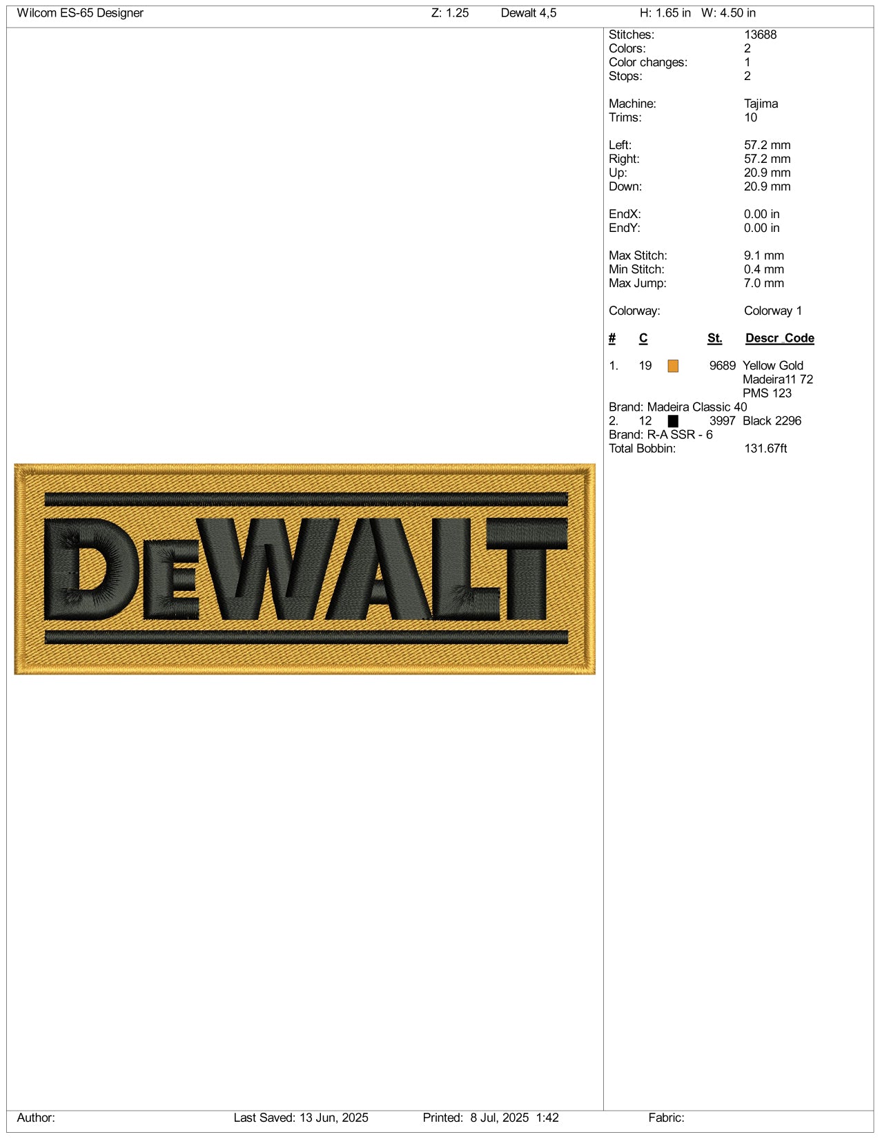 DeWalt Logo Embroidery Design Files - 3 Size's